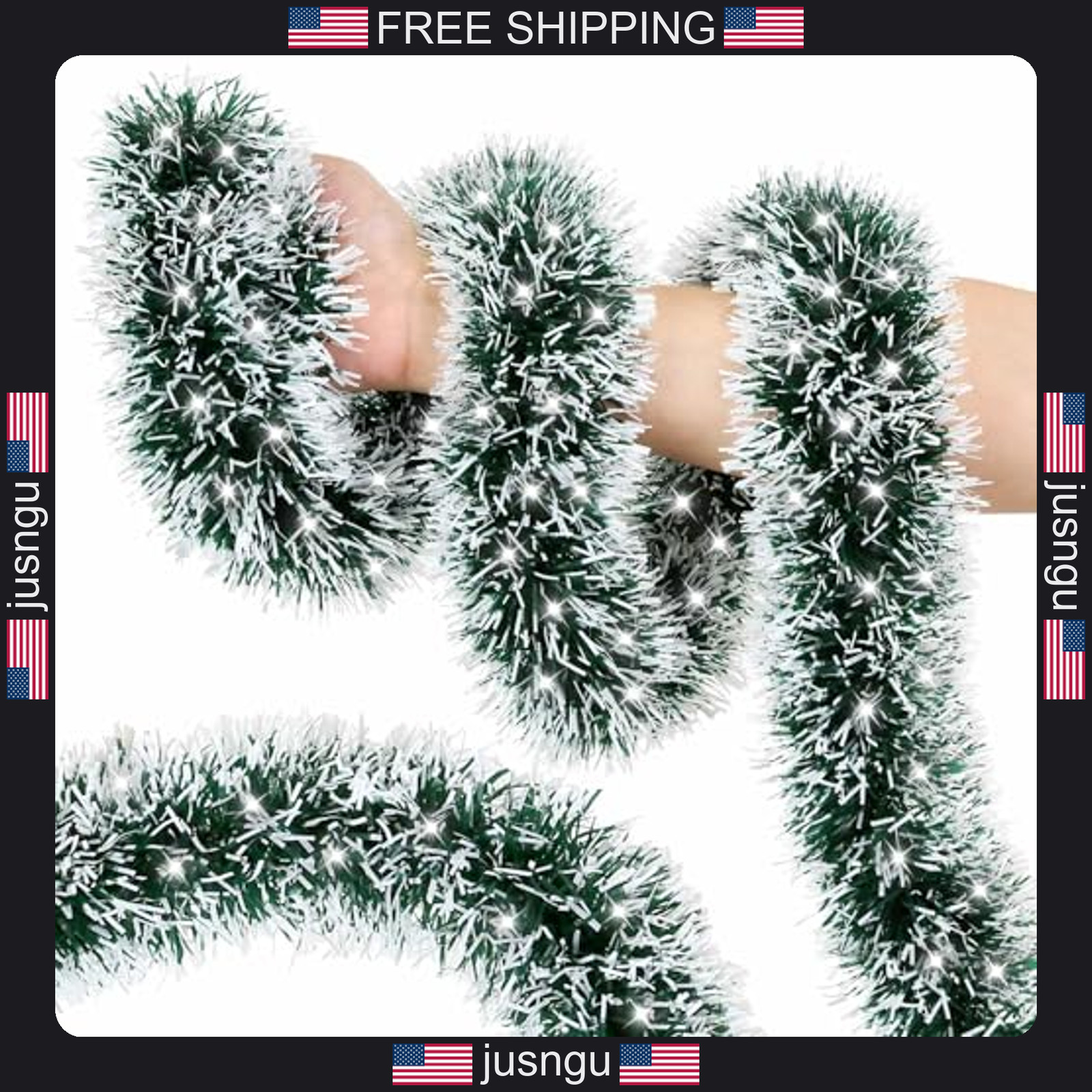 50FT Green Christmas Tinsel Garland with White Frosted Accents, Indoor Outdoor