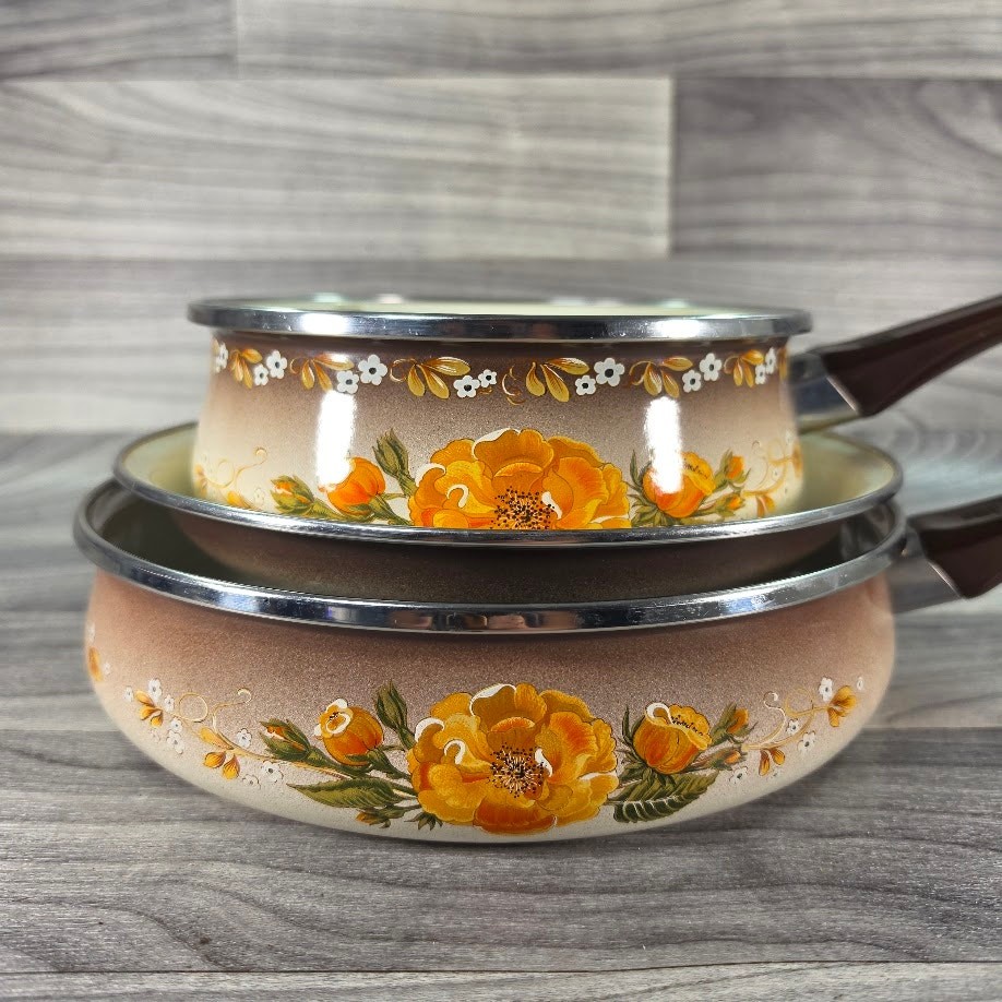 Vintage WMF Stahlemail Enamel Cookware Set Pans Lids Yellow Floral West Germany