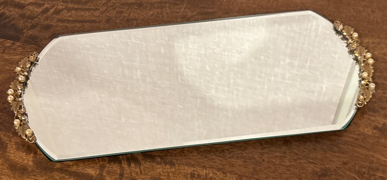 Beautiful Vintage Mirrored Dresser Tray With Grapevine Handles - Faux Pearls Beautiful Vintage Mirrored Dresser Tray With Grapevine Handles - Faux Pearls