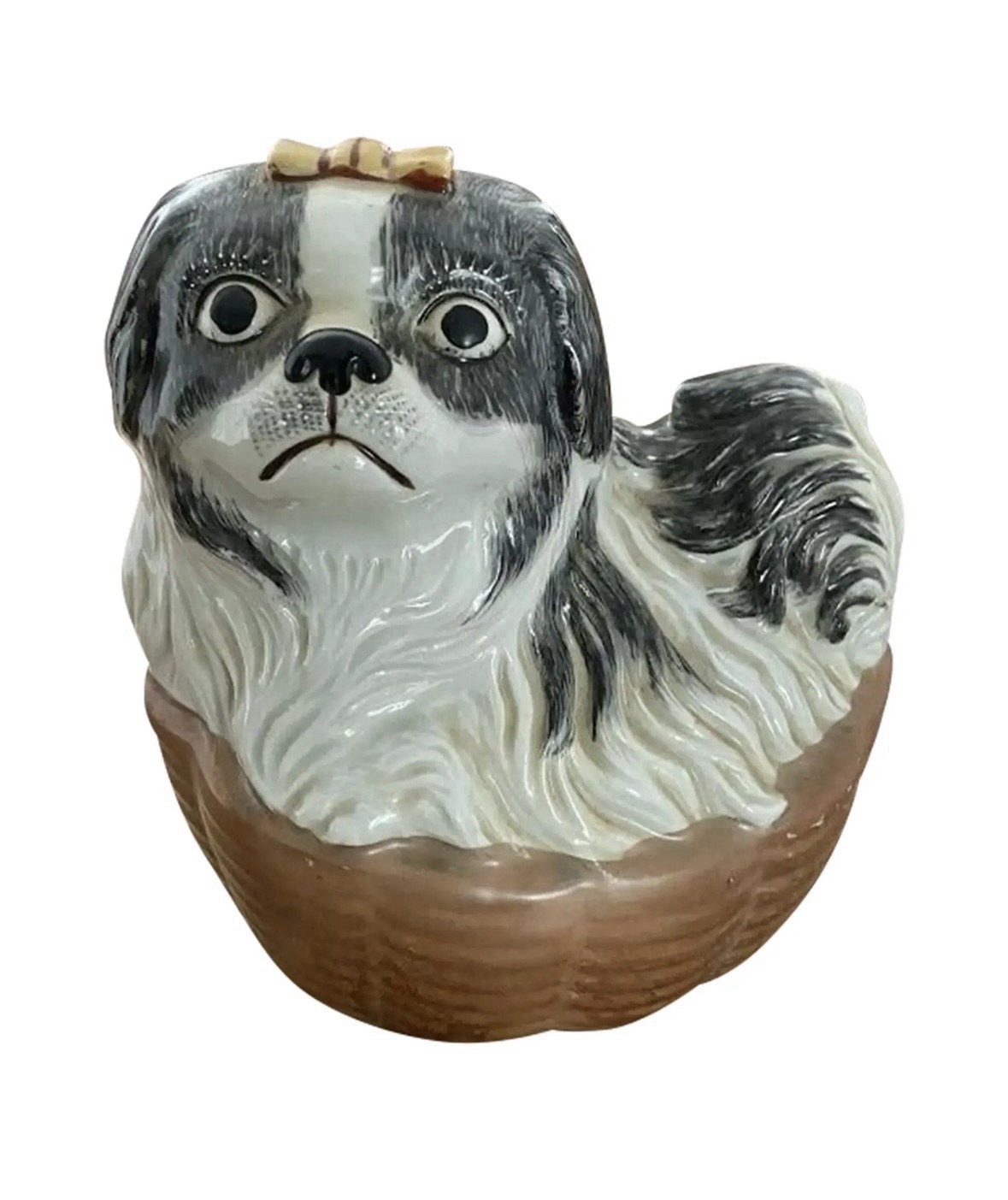 Vtg Ceramic Resting Chin Pekingese Black & White Dog Statue Figure Pup In Basket