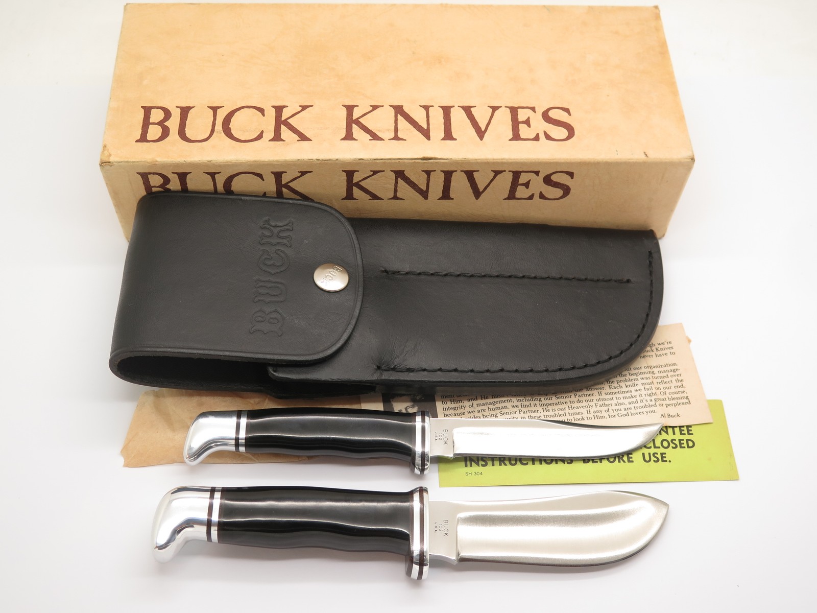 Vtg 1970s Buck 104 Twin Set 103 102 Sportsman Fixed Blade Hunting Knife & Box Vtg 1970s Buck 104 Twin Set 103 102 Sportsman Fixed Blade Hunting Knife & Box