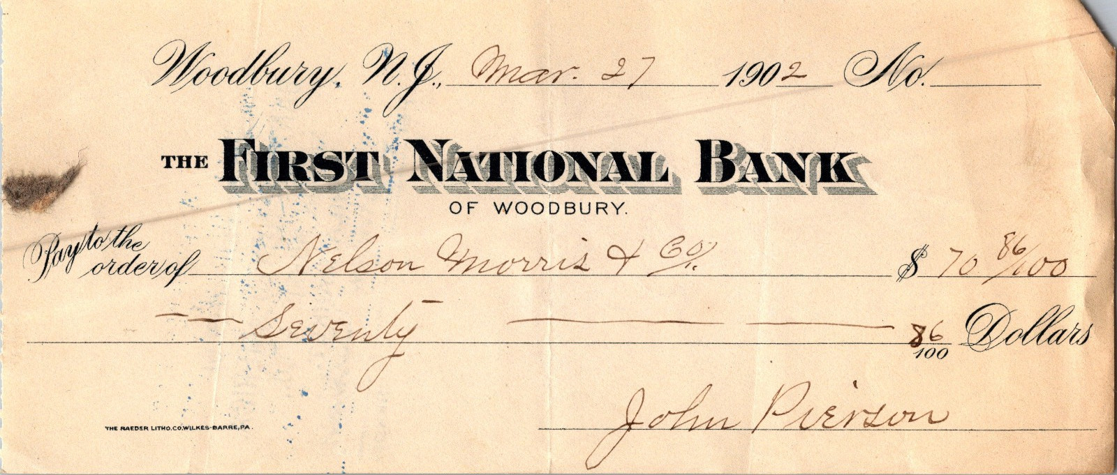 1902 Antique Bank Check First National Bank of Woodbury NJ  $70.86