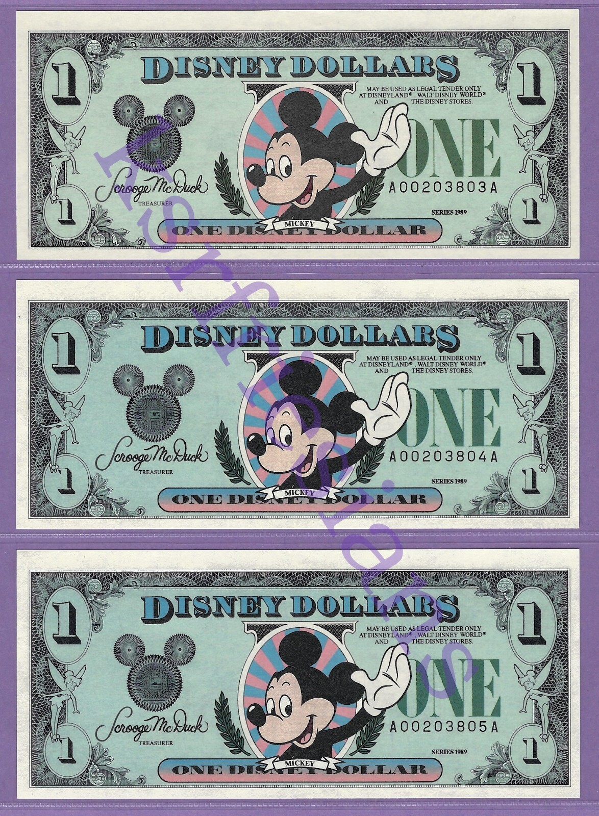1989 A $1 MICKEY DISNEYLAND DISNEY DOLLARS (3) CONSECUTIVE A00203803A-805