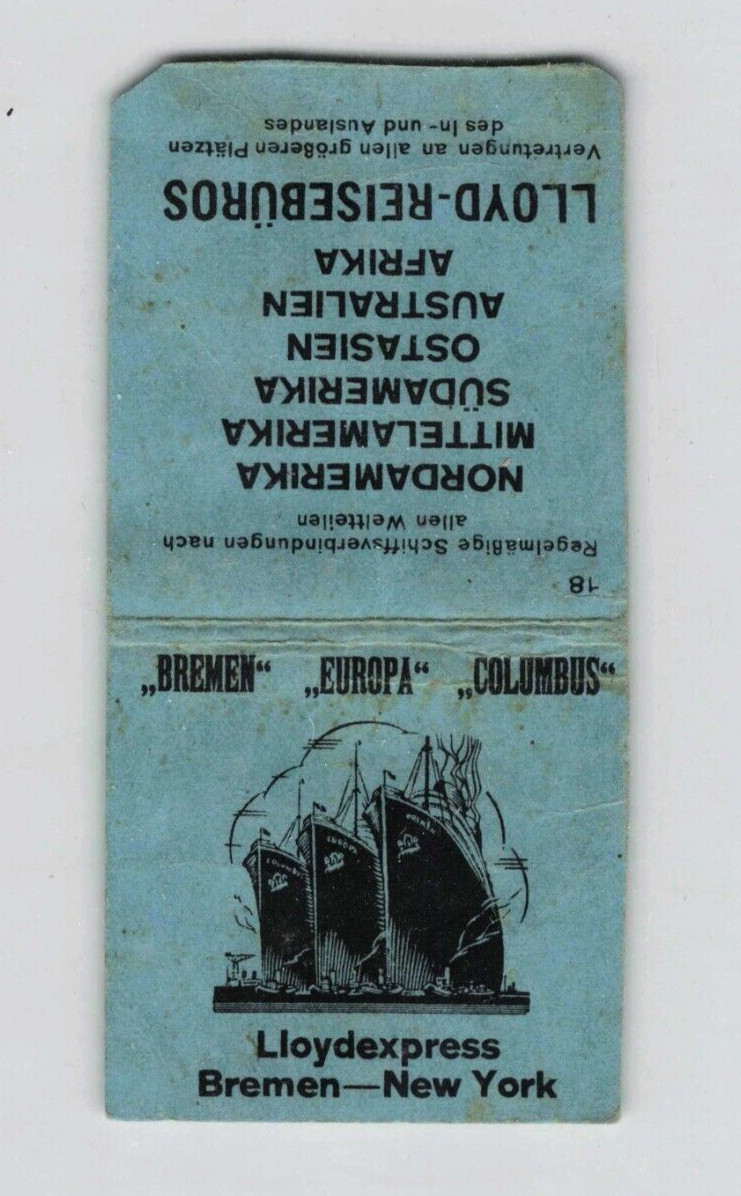 Vintage Lloyd Reiserguros Bermen Eurpoa Colusbus Cruise Line Matchbook
