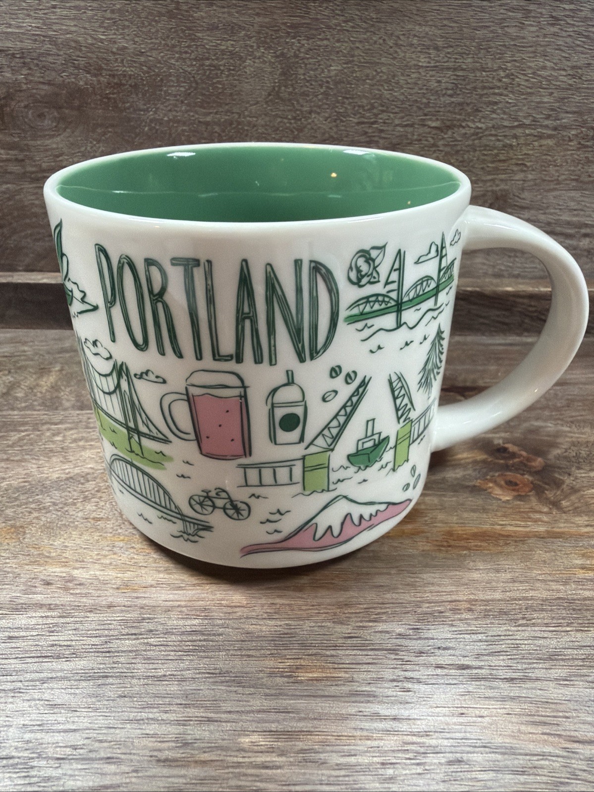 New 2018 Starbucks Portland Green/Pink Ceramic 14oz- Been There Series