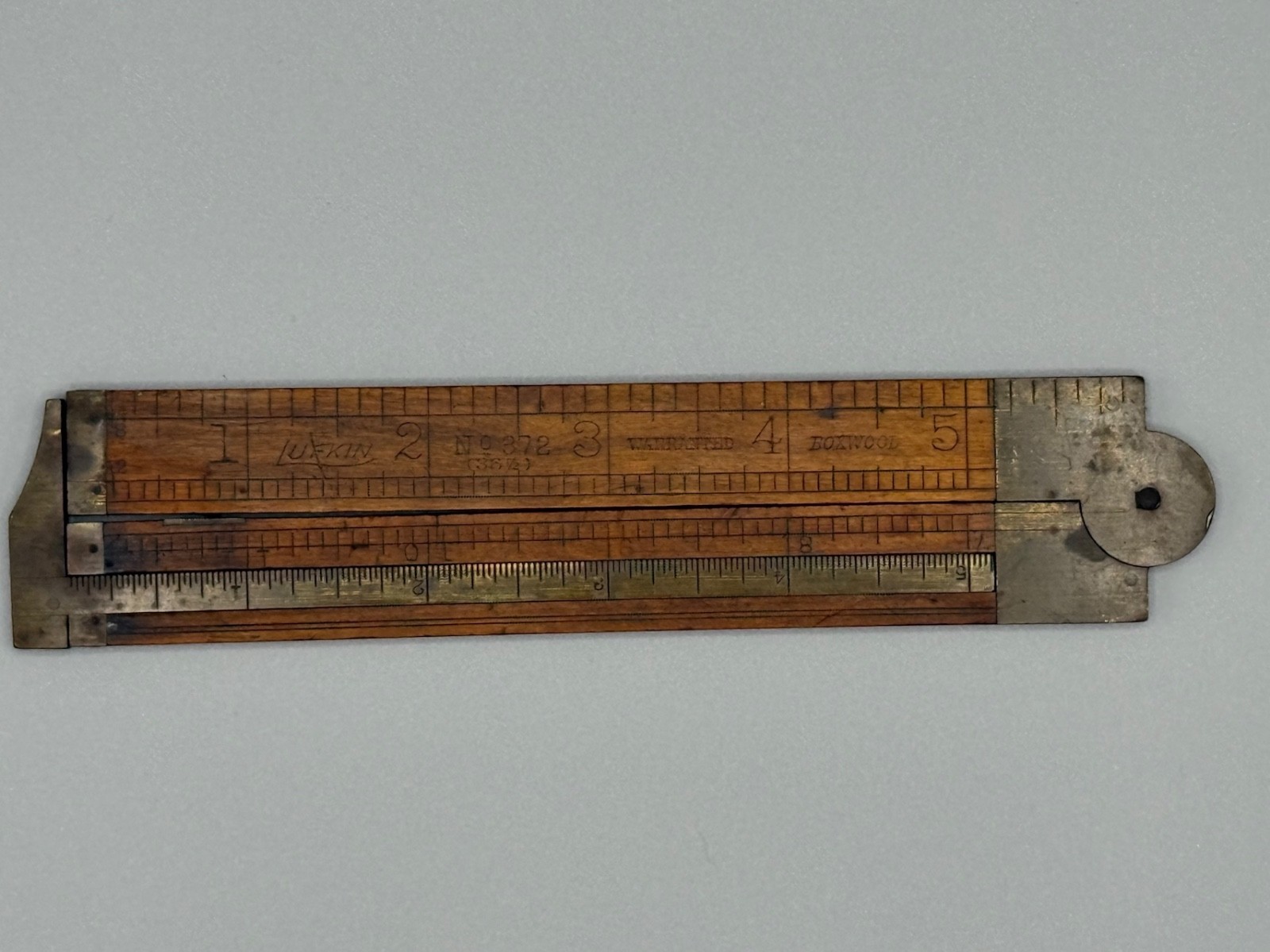 Vintage Lufkin No. 372 (36-1/2) Boxwood Brass Folding 12 Inch Ruler With Caliper