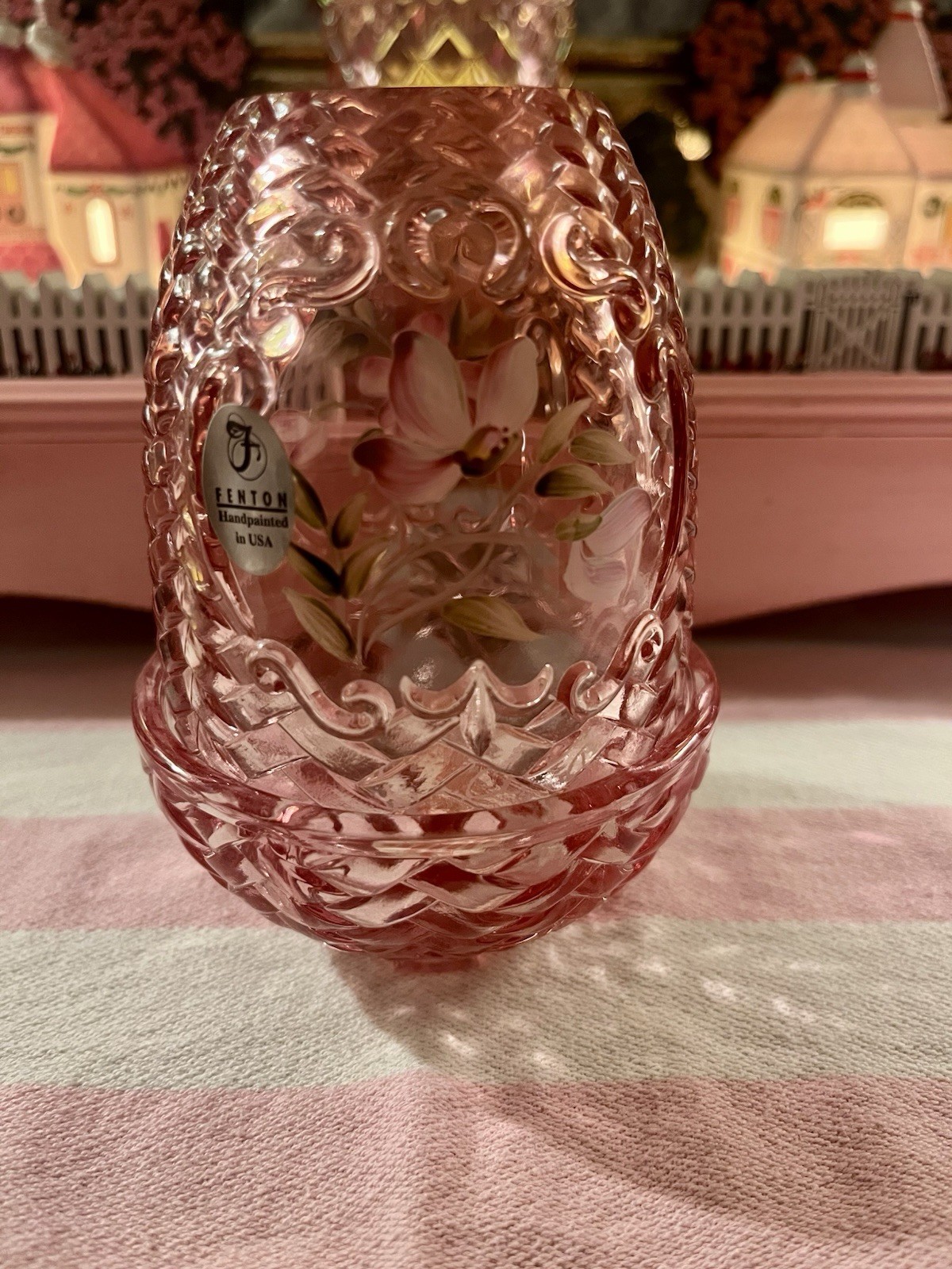 Fenton Pink Champagne Basket Weave Floral Hand Painted Fairy Lamp
