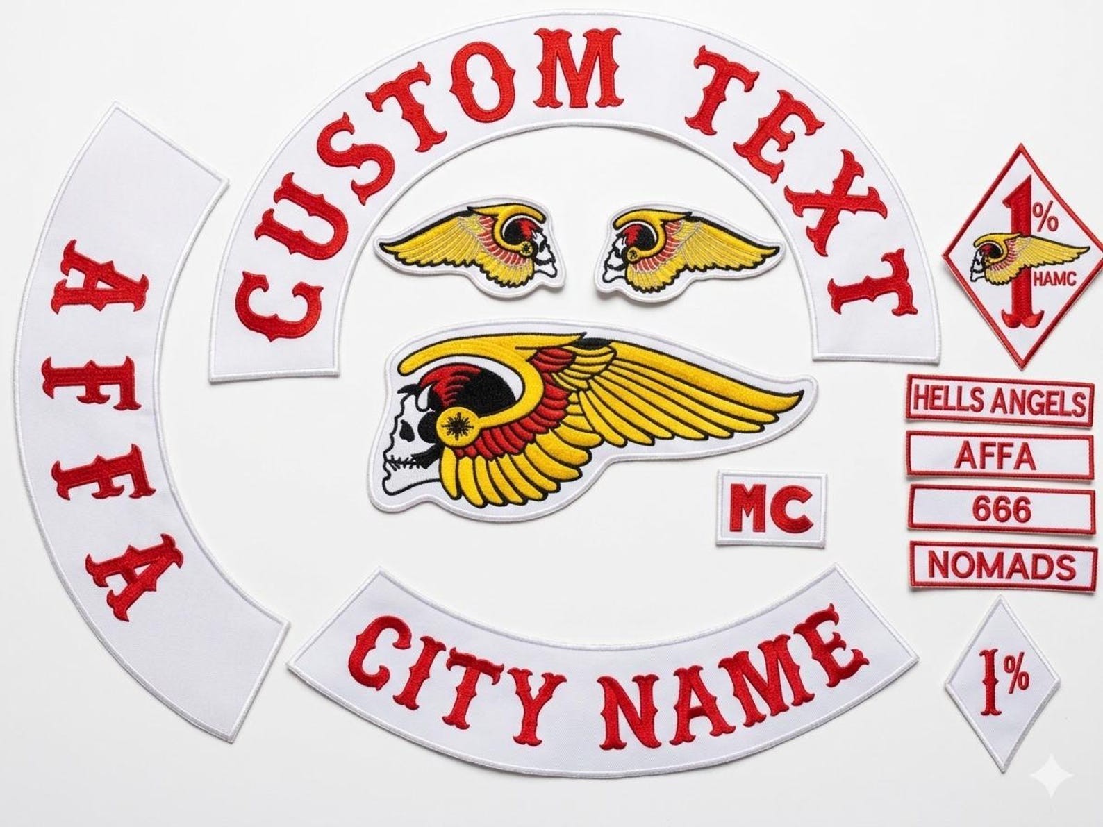 Custom 3 Piece Embroidered Biker Patch Set - Personalized Red and White... Custom 3 Piece Embroidered Biker Patch Set - Personalized Red and White...