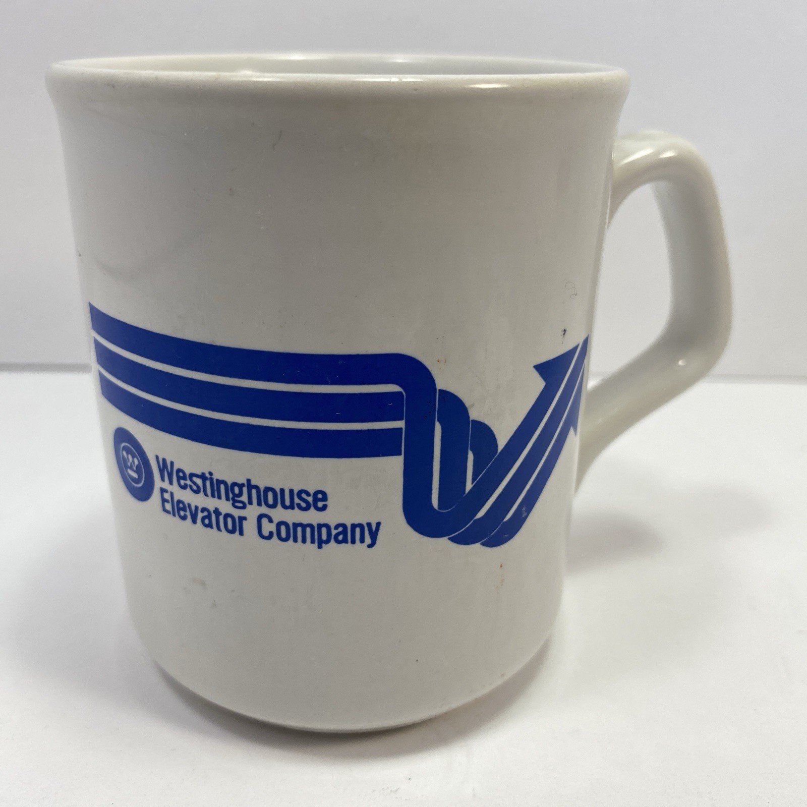 Rare Vintage Westinghouse Elevator Company Ceramic Coffee Mug Blue Graphic Logo