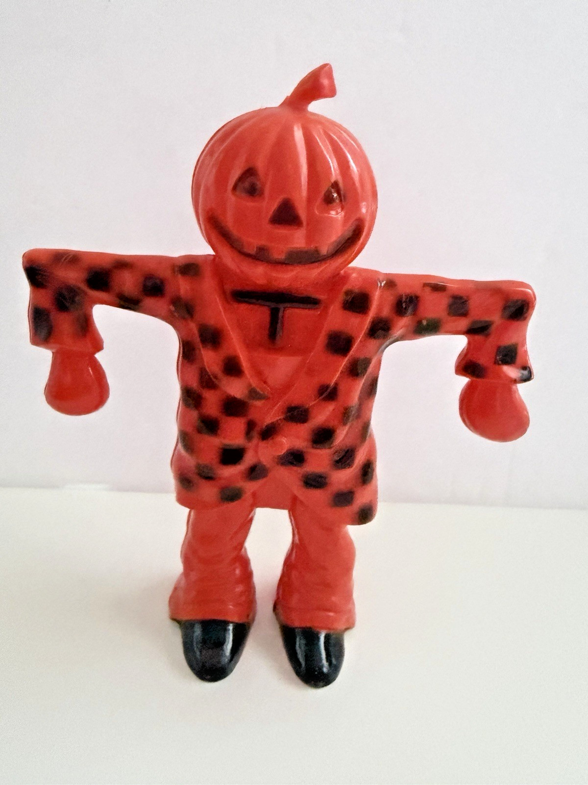 Vintage 1950s Rosbro Halloween Plastic Scarecrow Candy Container Checked Suit