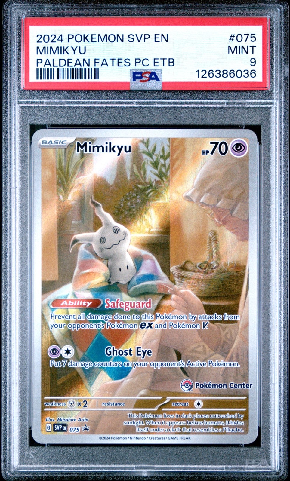 2024 Pokémon SVP Paldean Fates Mimikyu #075 Black Star Promo PC ETB PSA 9 MINT