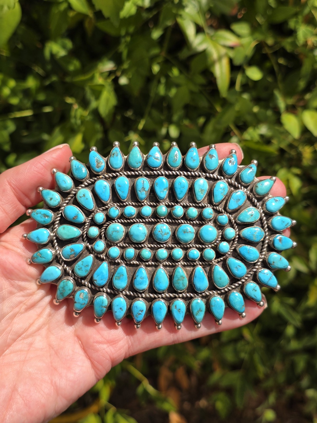 HUGE VINTAGE SIGNED NAVAJO 82-STONE TURQUOISE CLUSTER STERLING SILVER BROOCH PIN