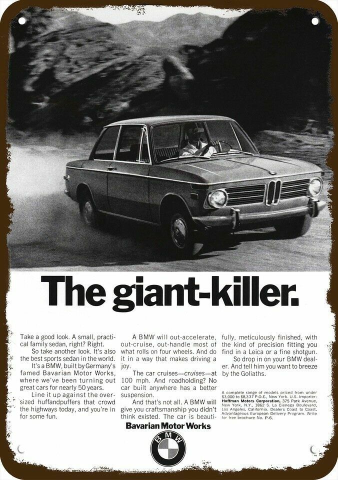 1970 BMW 2002 Sports Car GIANT KILLER Vintage-Look DECORATIVE REPLICA METAL SIGN 1970 BMW 2002 Sports Car GIANT KILLER Vintage-Look DECORATIVE REPLICA METAL SIGN