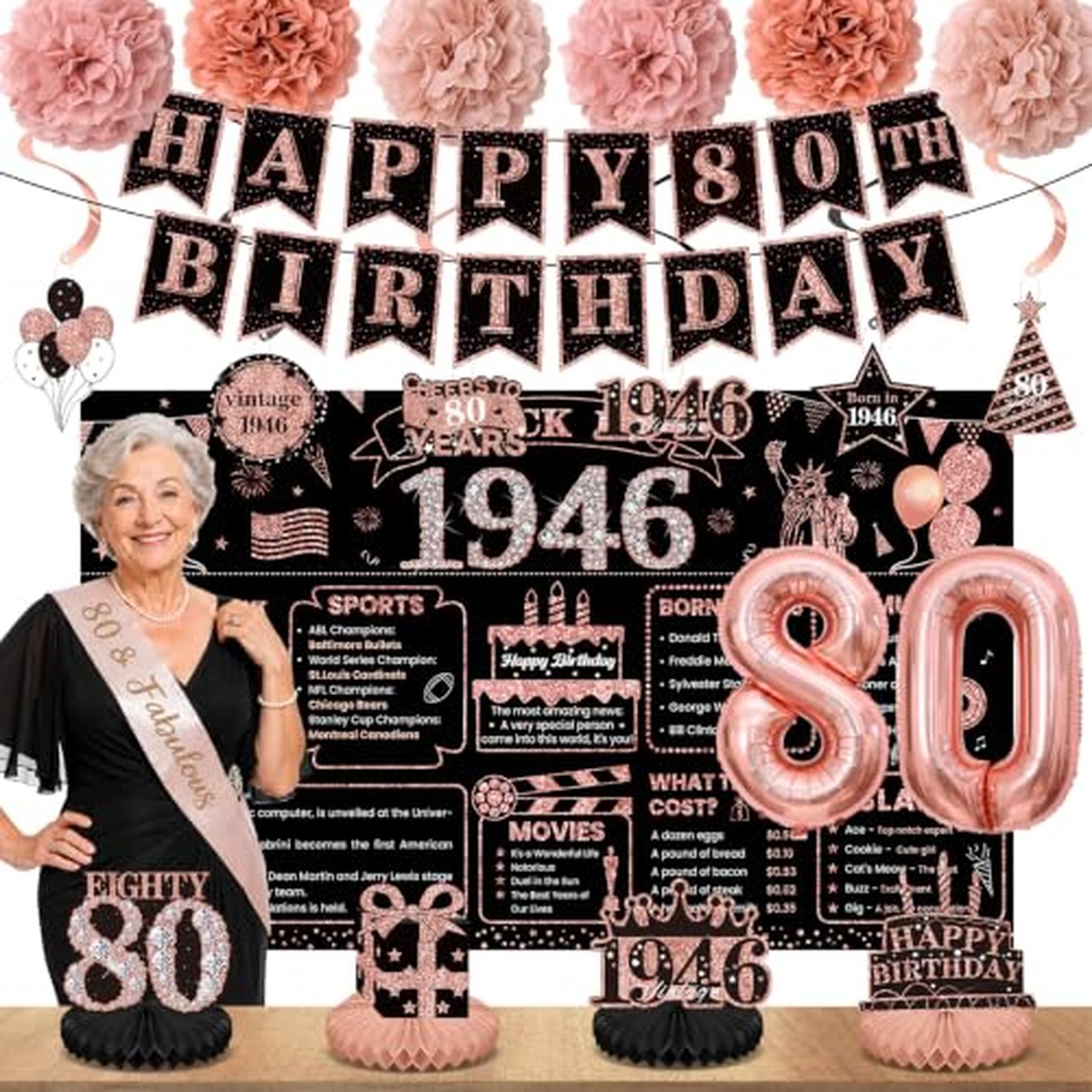 80th Birthday Decorations for Women, 1946 Happy 80th Birthday Decorations 80th Birthday Decorations for Women, 1946 Happy 80th Birthday Decorations
