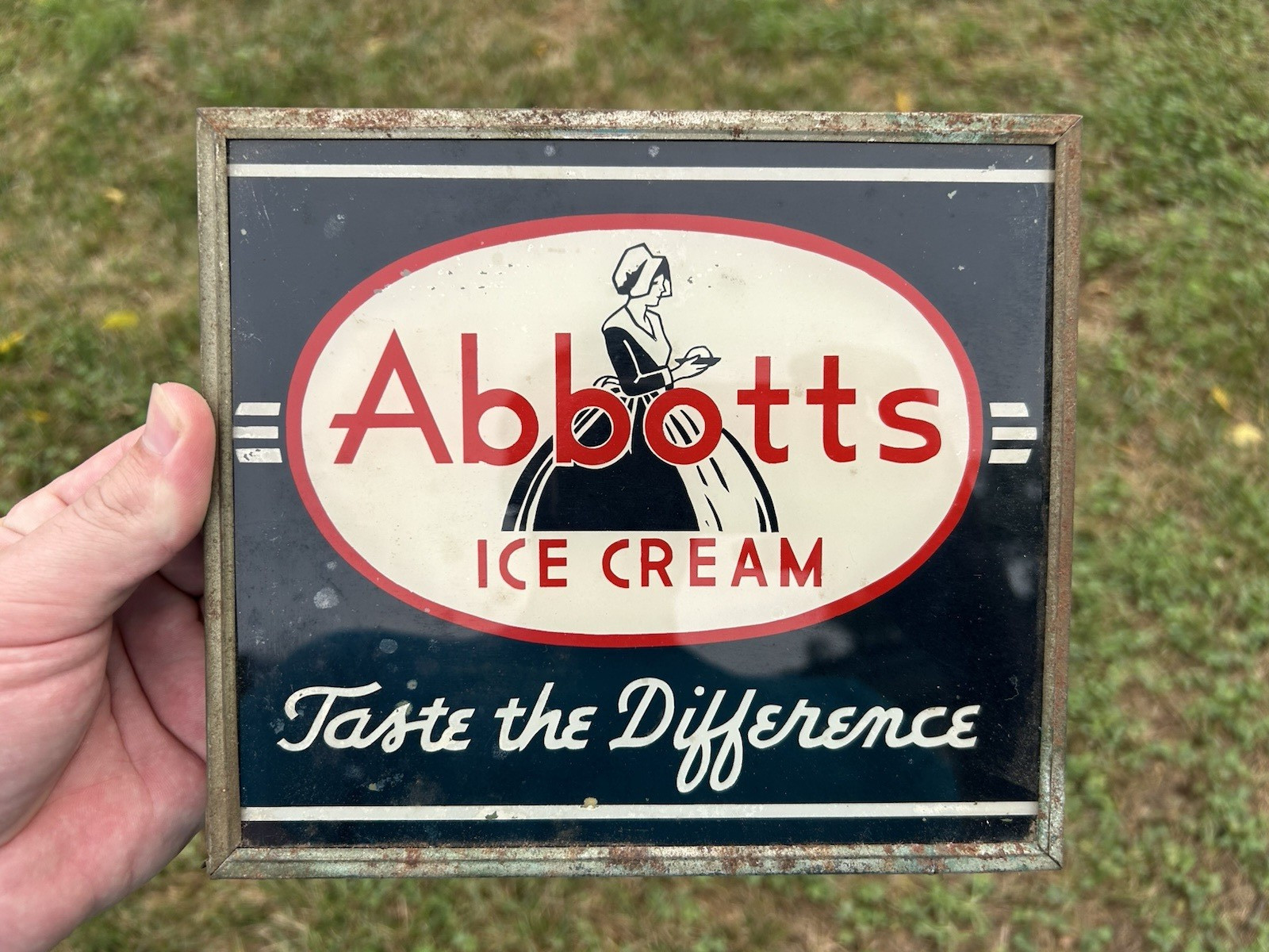 Original Abbotts Ice Cream Reverse Painted Glass Sign Nickle Plated Frame