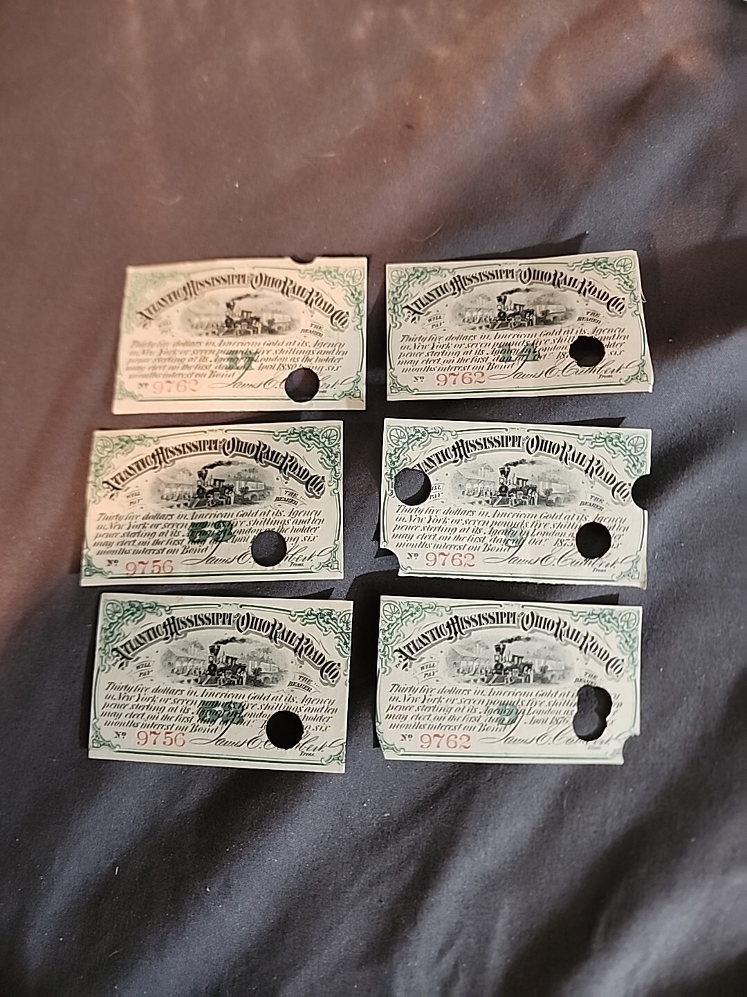 LOT 1881 GOLD BOND RAILROAD COUPON $35 ATLANTIC MISSISSIPPI OHIO RAILROAD - USED