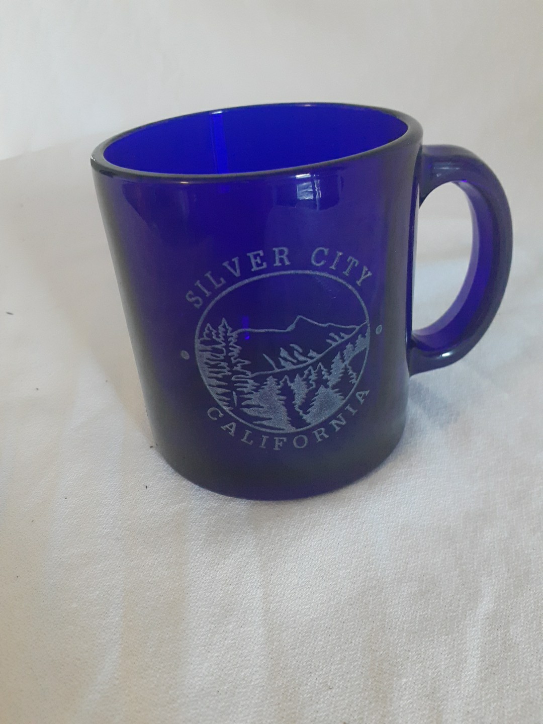 Vintage Cobalt Blue Glass Mug Silver City California Souvenir Coffee Cup Made US