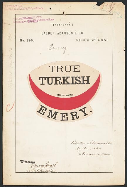 Photo:Baeder Adamson Co True Turkish Emery Trade Mark 1872 Branding