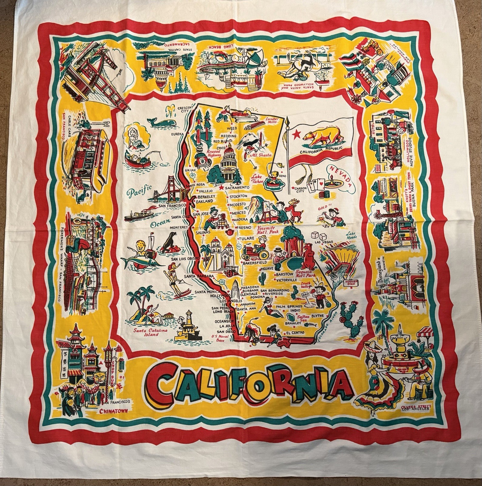 VINTAGE 1950's CALIFORNIA MAP SOUVENIR TABLECLOTH 48 'x 51