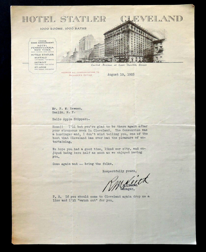 Original Vintage 1925 Letterhead HOTEL STATLER CLEVELAND Apple Convention Letter Original Vintage 1925 Letterhead HOTEL STATLER CLEVELAND Apple Convention Letter