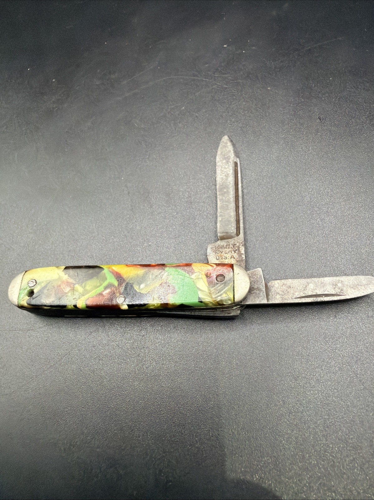 Vtg Kent NY City USA 2 Blade Miniature Pocket Knife Confetti Celluloid 30’s 40’s