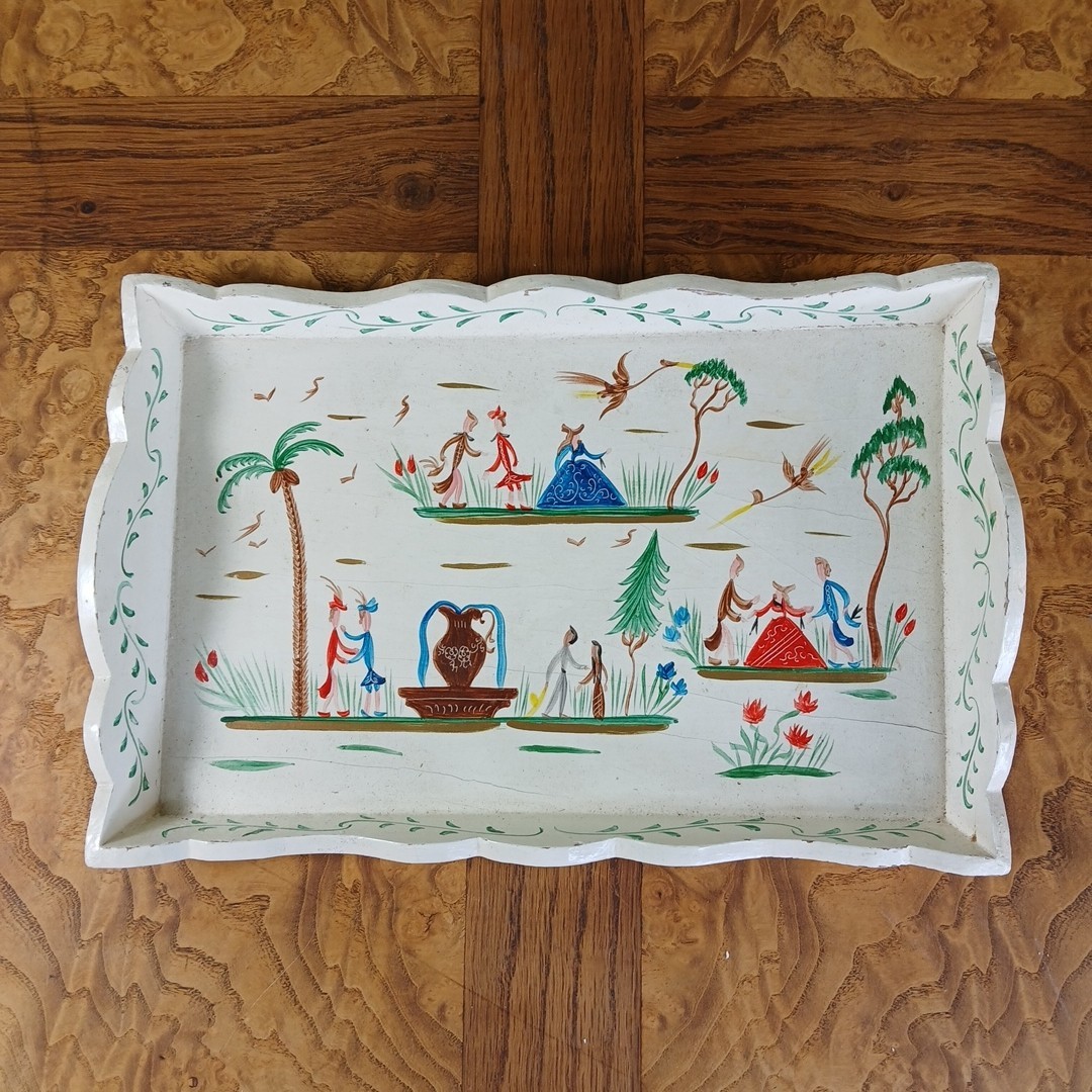 VTG Benito Fosado Handpainted Mexican Scalloped Wood Tray 10\