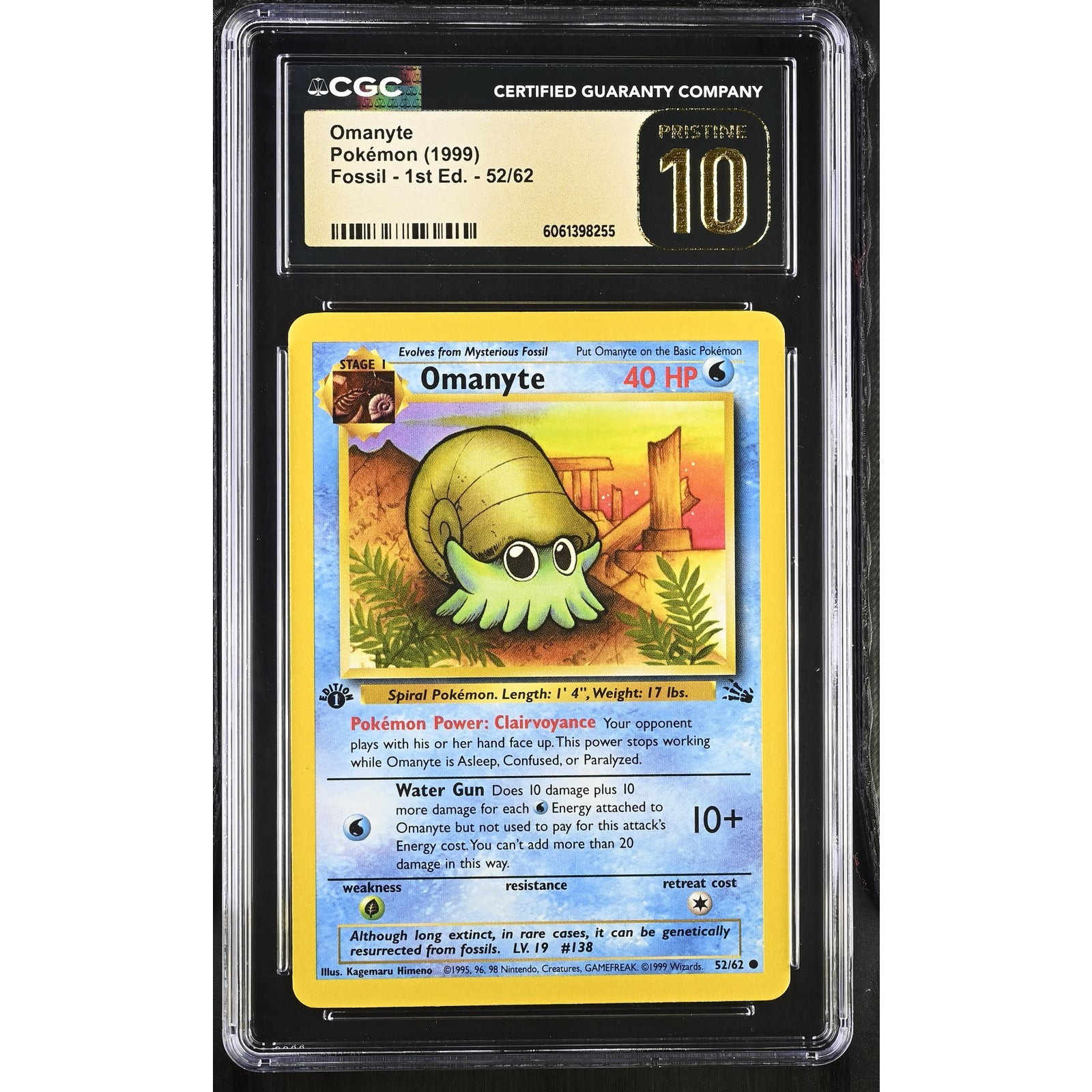 CGC 10 PRISTINE Omanyte 1st Edition 52/62 Pokémon 1999 Fossil Common Graded Card