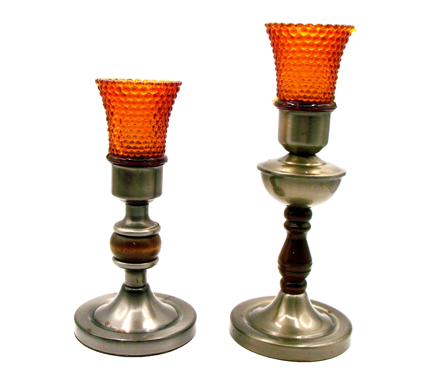 Set 2 Wooden Metal Candle Holders w/ Thousand Eye Hobnail Votives Amber Vintage
