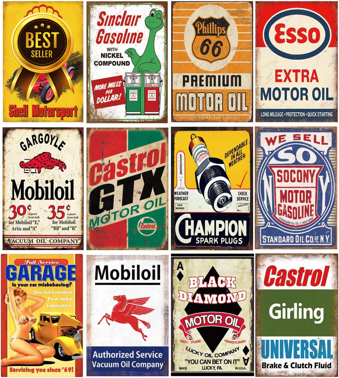 12 Pieces Gas and Oil Tin Signs, Retro Vintage Metal Sign for Home Man Cave Gara 12 Pieces Gas and Oil Tin Signs, Retro Vintage Metal Sign for Home Man Cave Gara