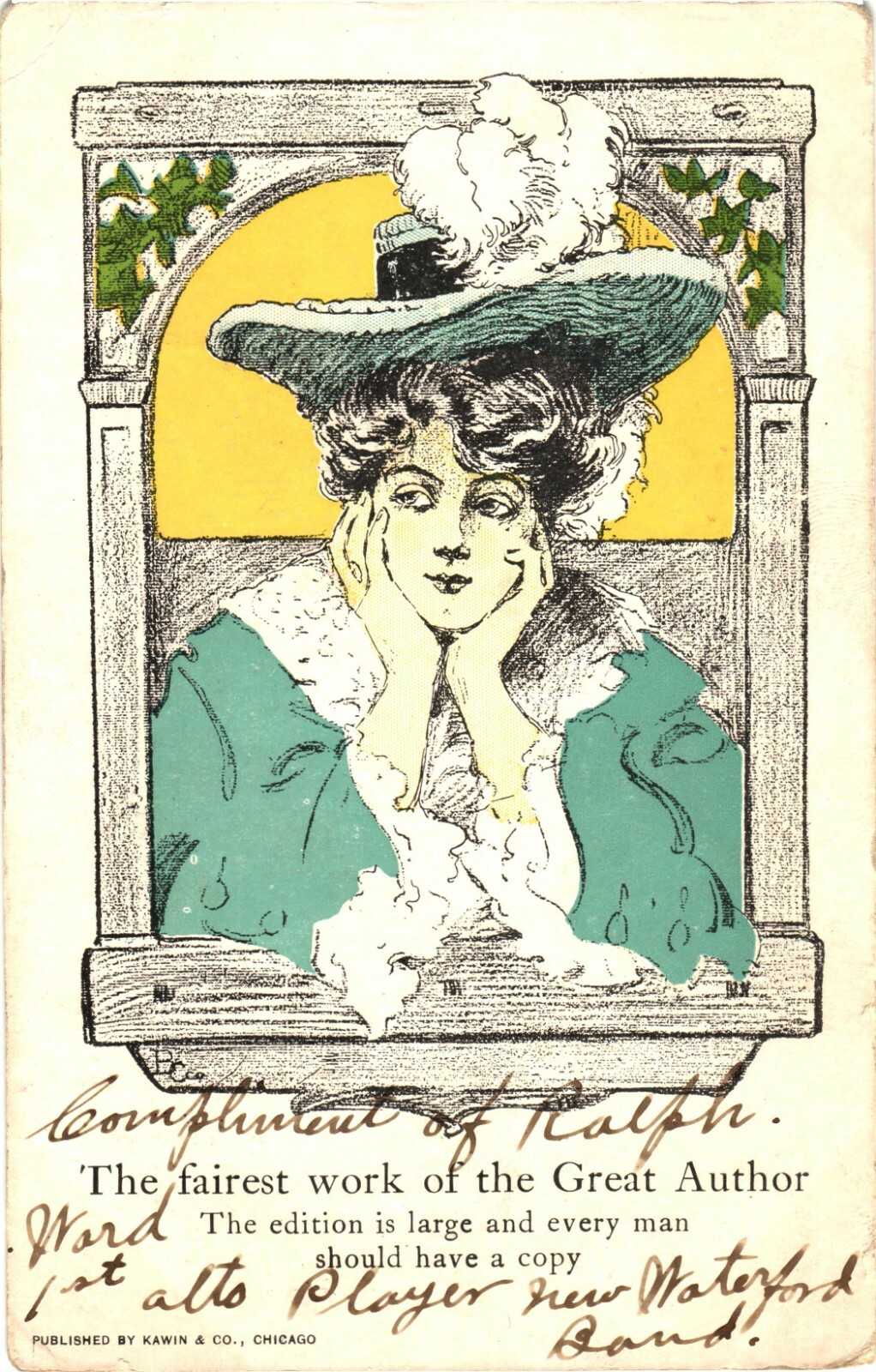 Woman in Hat Art Nouveau Undivided Back Postcard c1905 Kawin & Co Unposted Woman in Hat Art Nouveau Undivided Back Postcard c1905 Kawin & Co Unposted