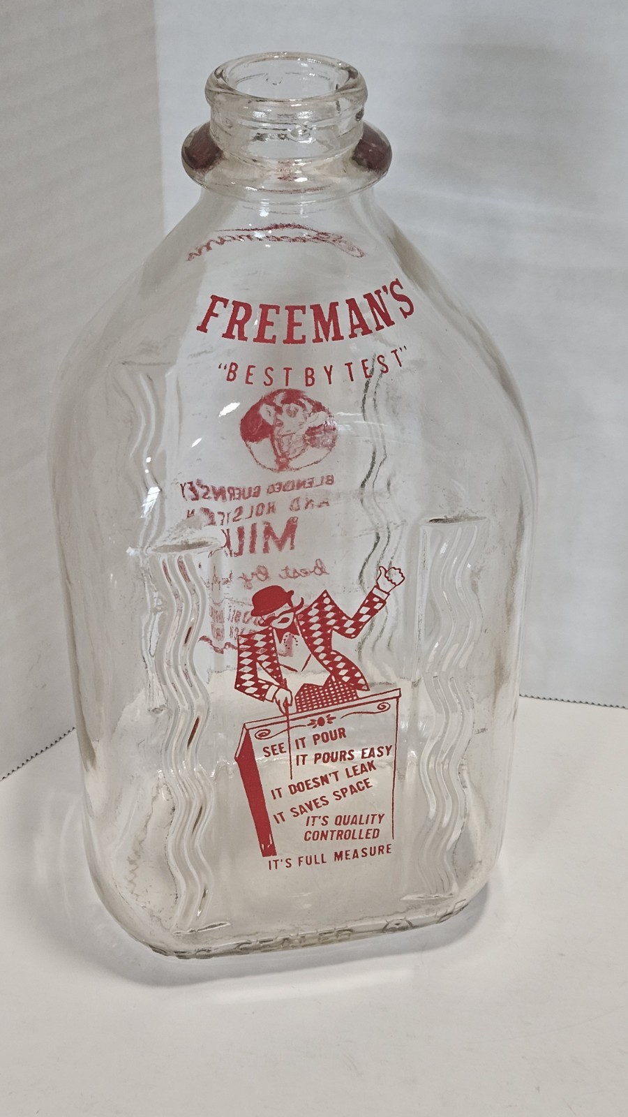 Vtg Freeman\'s Dairy Half Gallon Milk Bottle Allentown PA Best by Test