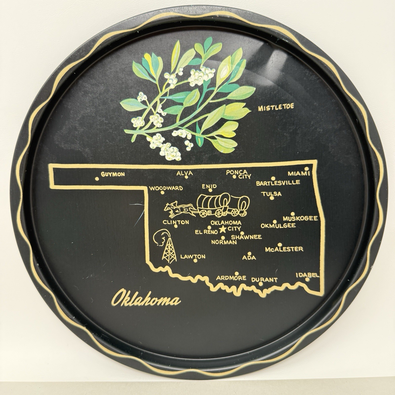 Vintage Oklahoma State Tray MCM Kitschy Barware Graphic Souvenir Decor Platter