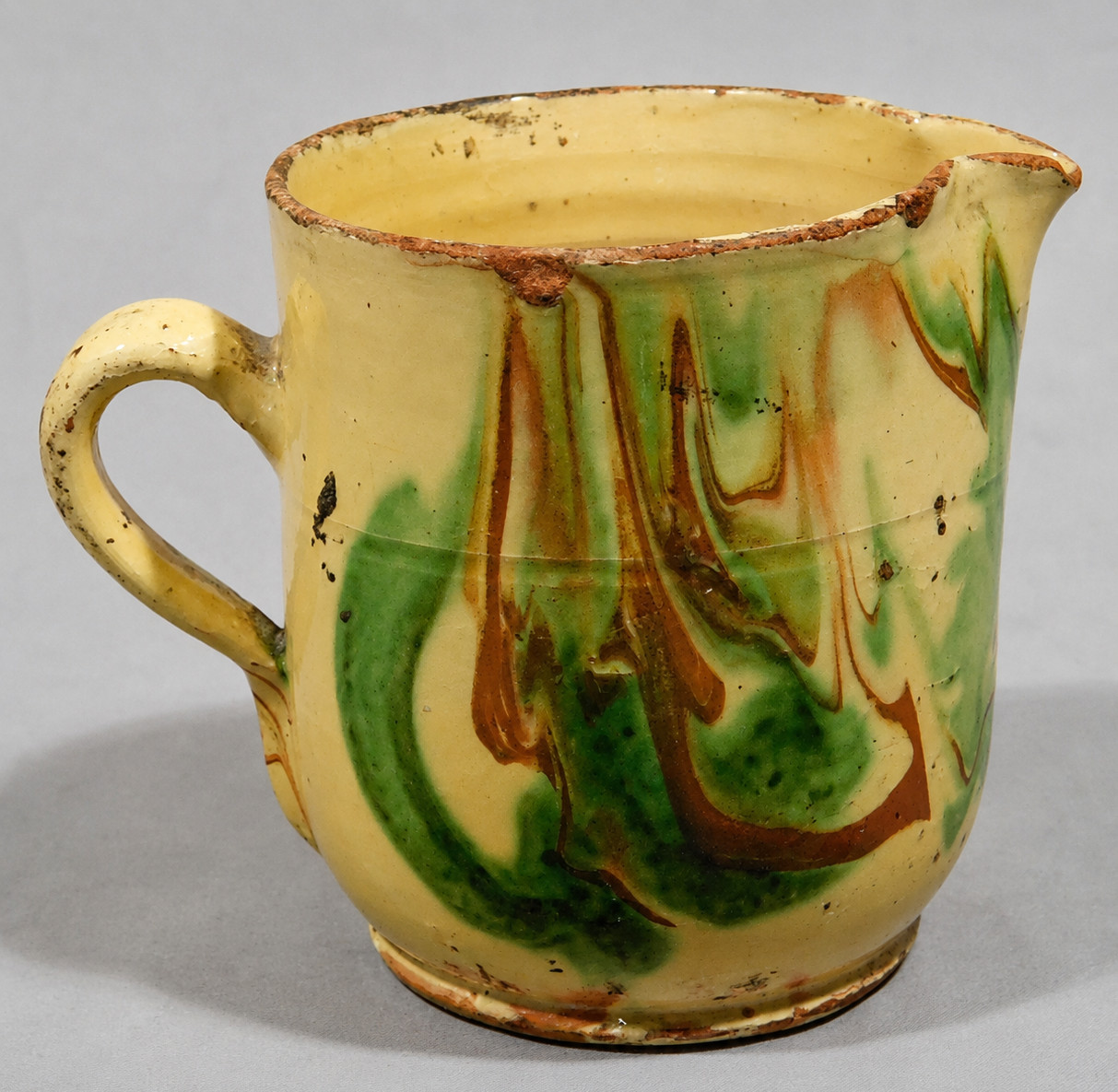 Antique French Jaspé Slipware Pitcher Green Brown Marbled Savoie 19th C Faience