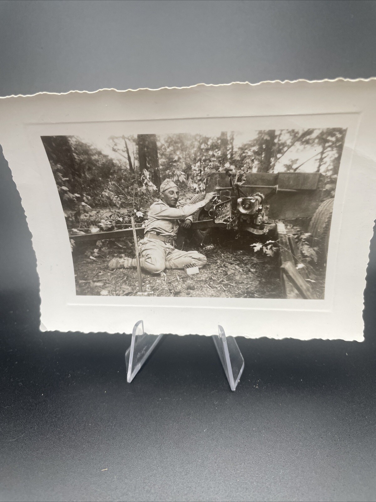 WWII L Soldier Photo, Army Military, With Artillery Howitzer