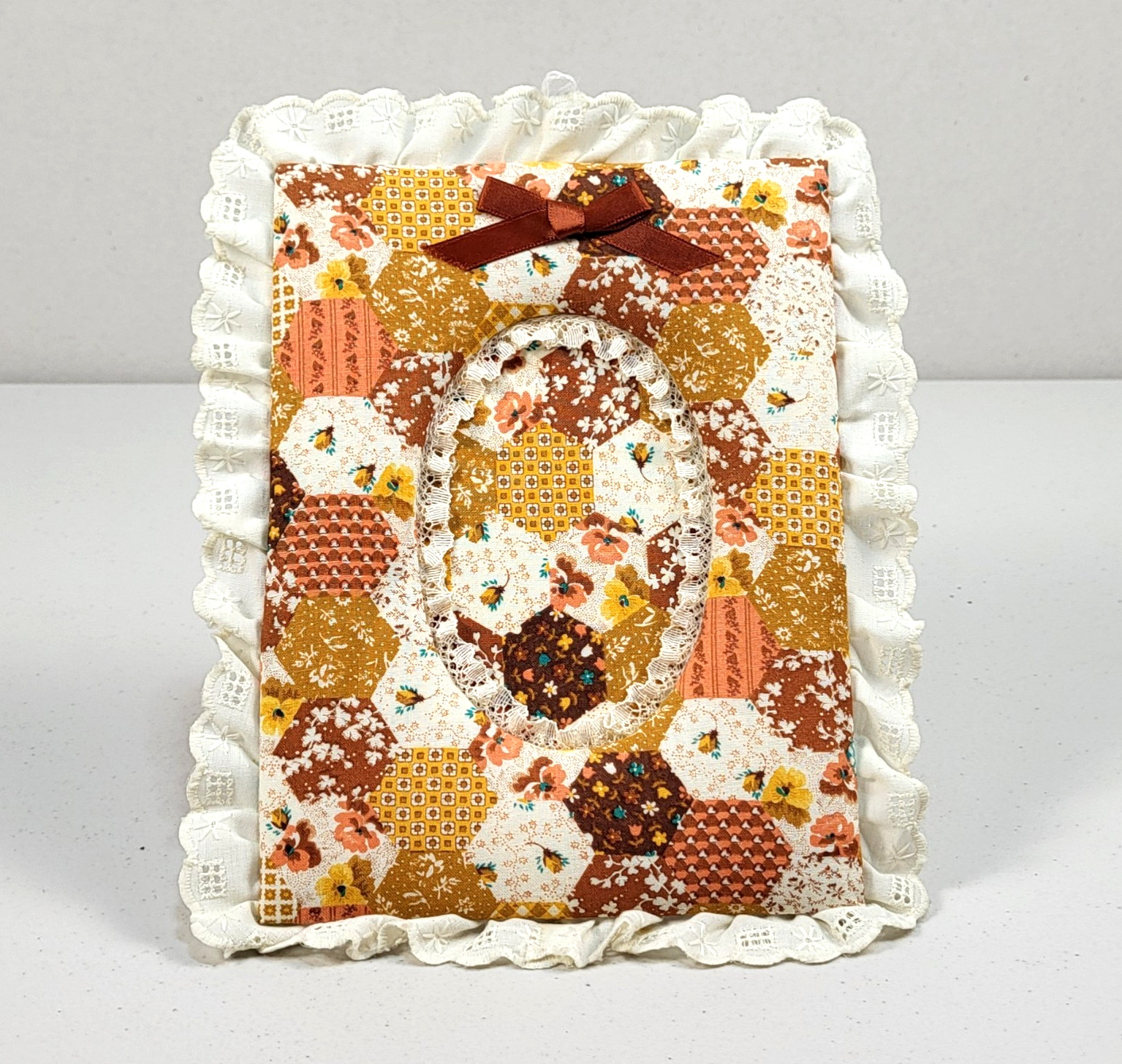 VTG Artisan Photo Frame Cotton Fabric Padded Lace Bow 9x7 Quilt Tan '70s New USA VTG Artisan Photo Frame Cotton Fabric Padded Lace Bow 9x7 Quilt Tan '70s New USA