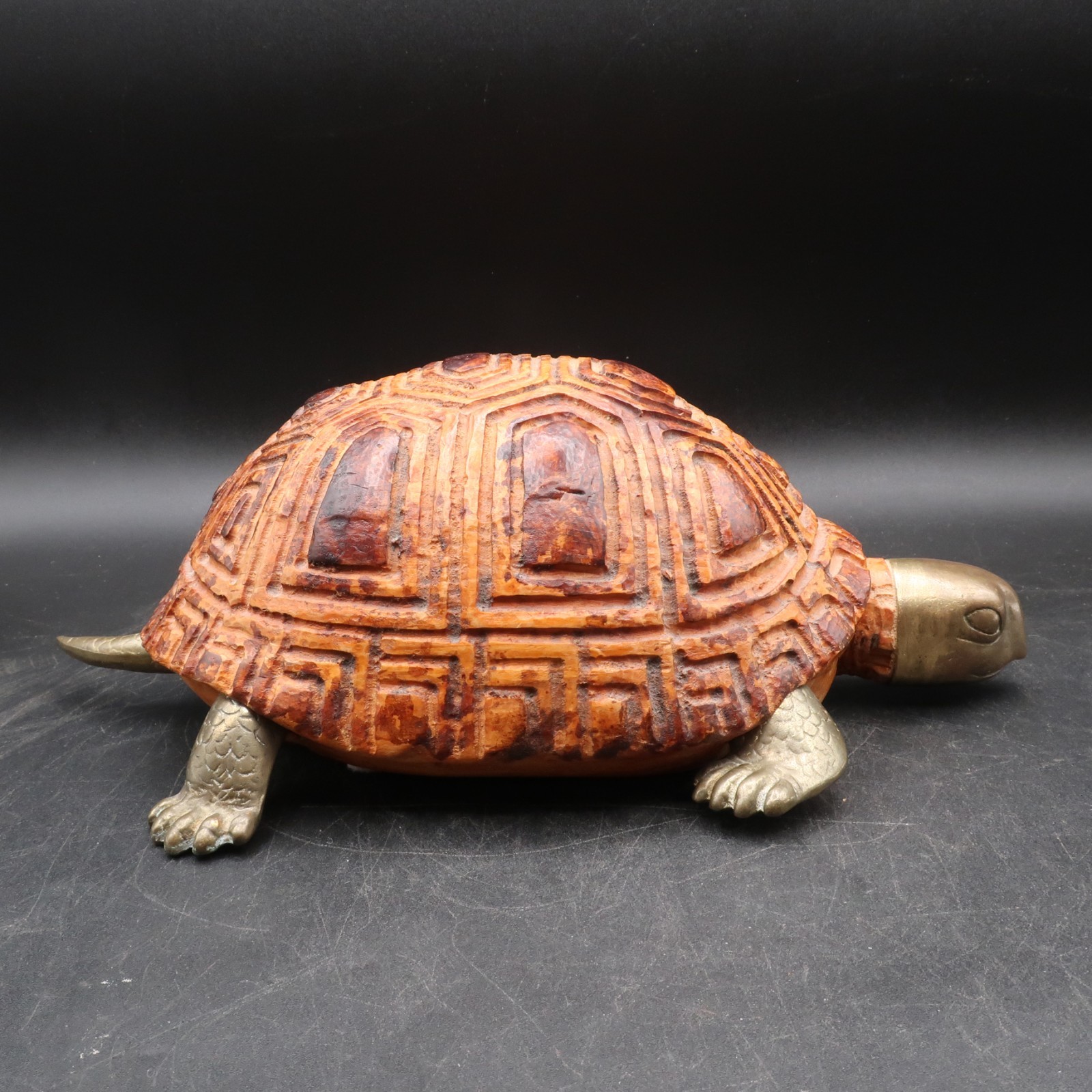 MCM Sarreid Brass Turtle Tortoise Hand Carved Wood - Made in Italy - 12
