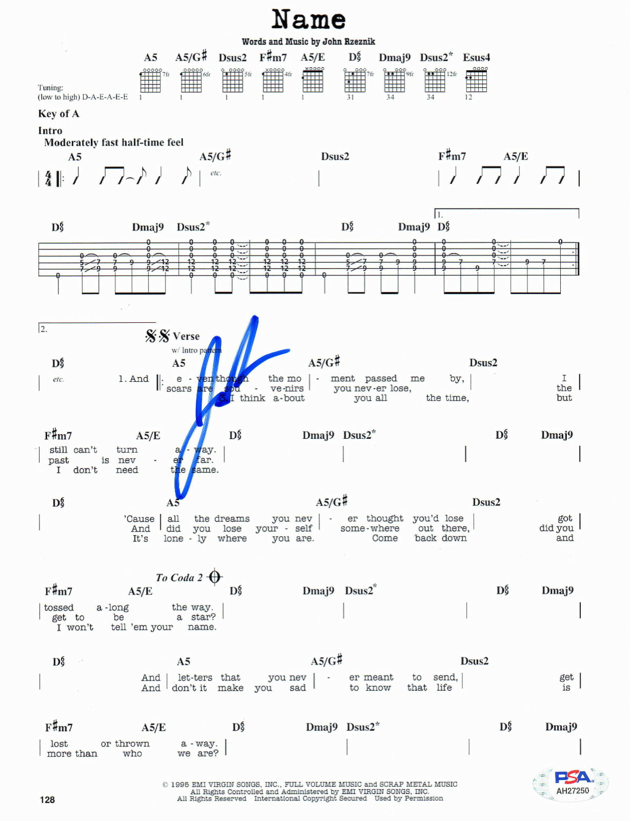 JOHN RZEZNIK SIGNED AUTOGRAPH GOO GOO DOLLS NAME SHEET MUSIC  PSA DNA COA 