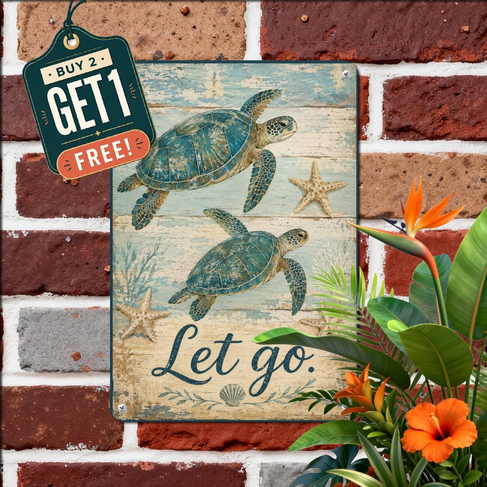 Sea Turtle Starfish Beach House Sign Coastal Nautical Tin Metal Wall Plaque