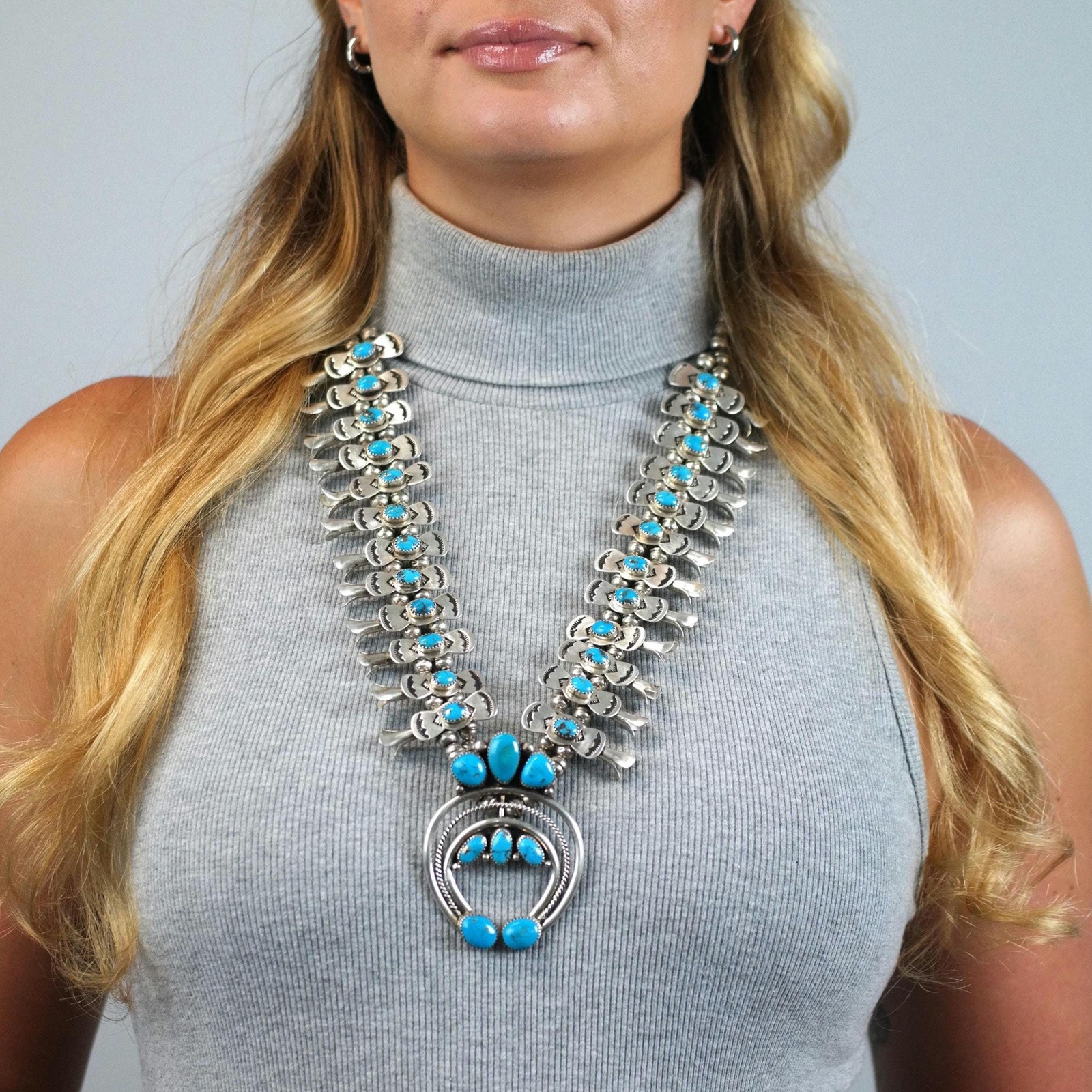 Navajo Native American Turquoise Sterling Silver Squash Blossom Necklace 28 1/2 Navajo Native American Turquoise Sterling Silver Squash Blossom Necklace 28 1/2