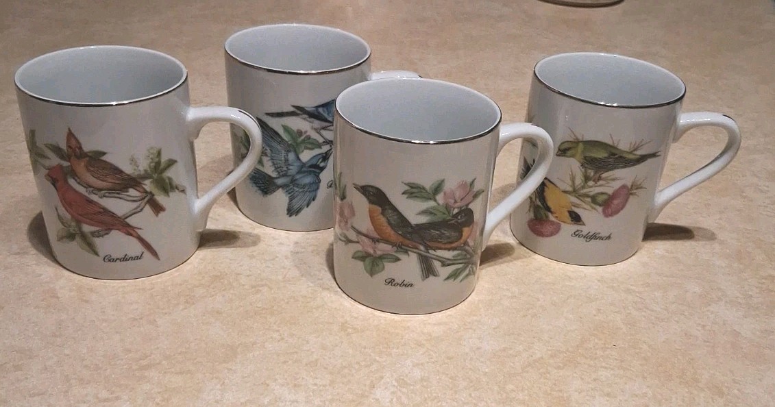 Set of 4 John James Audubon Porcelain Mug Set Vintage Blue Jay Goldfinch