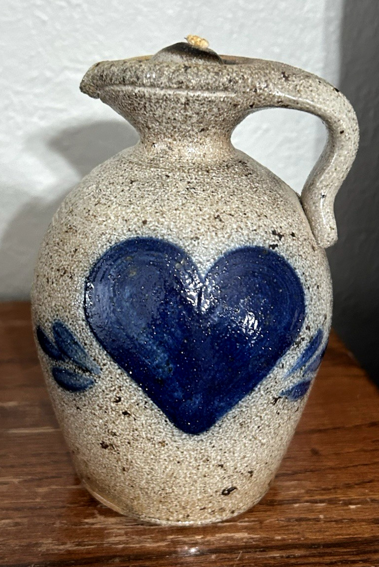Vtg Rowe Pottery Works Salt-glazed Pottery Oil Jug/Lamp Heart Design w/Stopper Vtg Rowe Pottery Works Salt-glazed Pottery Oil Jug/Lamp Heart Design w/Stopper