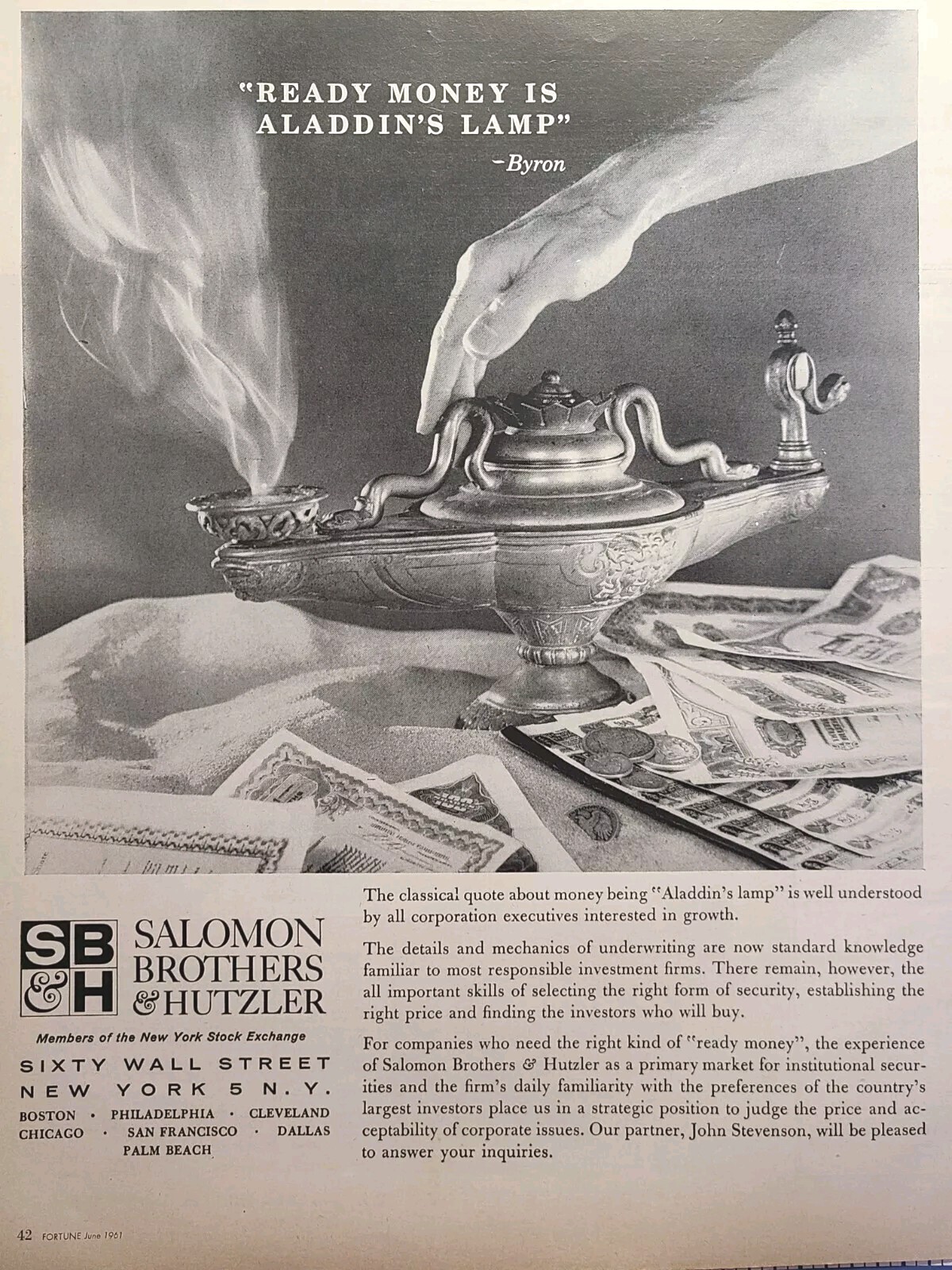 Salomon Brothers & Hutzler Aladdin\'s Lamp Ready Money Vintage Print Ad 1961