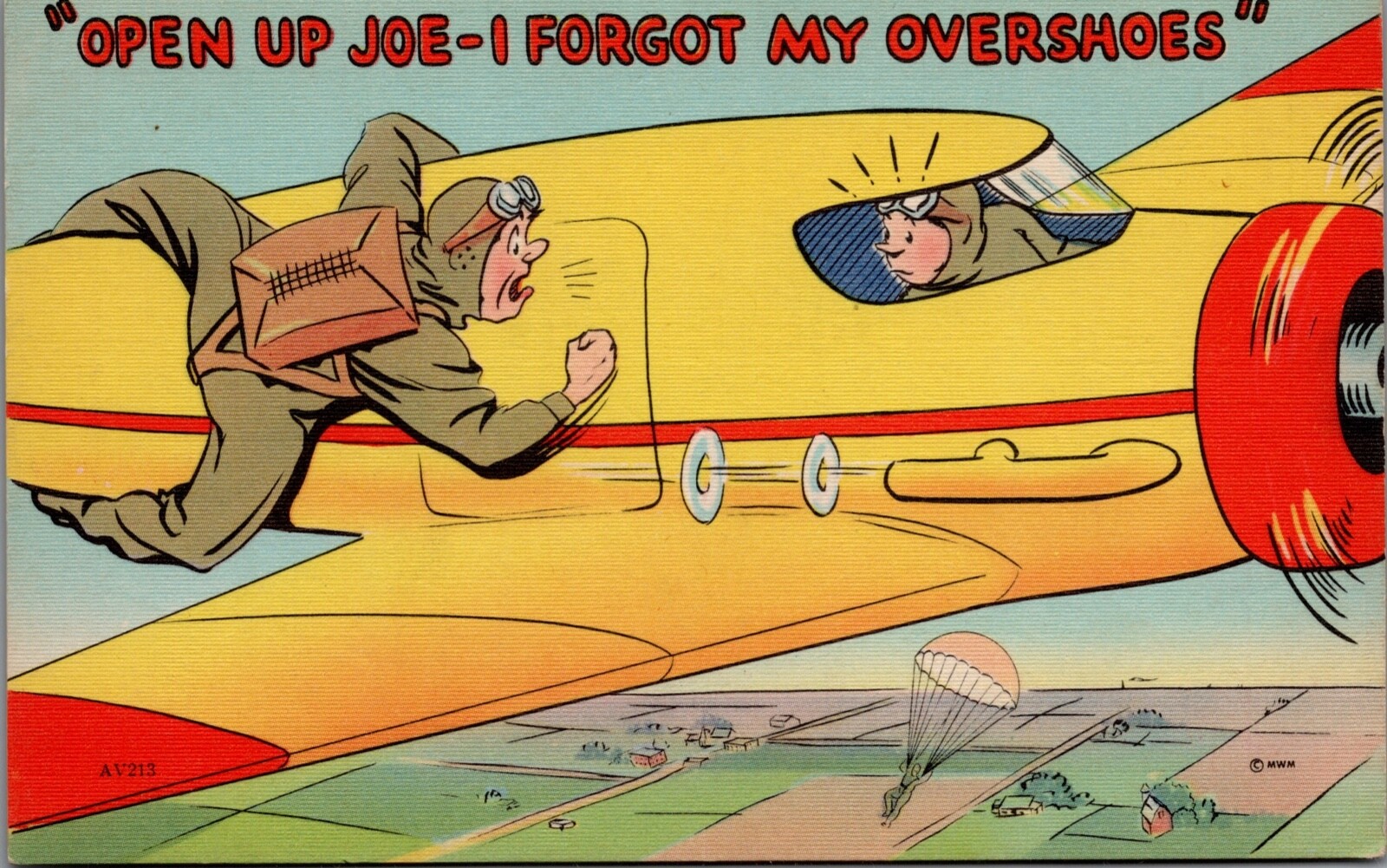 Postcard 1942 Humor Military Paratrooper Tring to get back in Plane World War Postcard 1942 Humor Military Paratrooper Tring to get back in Plane World War