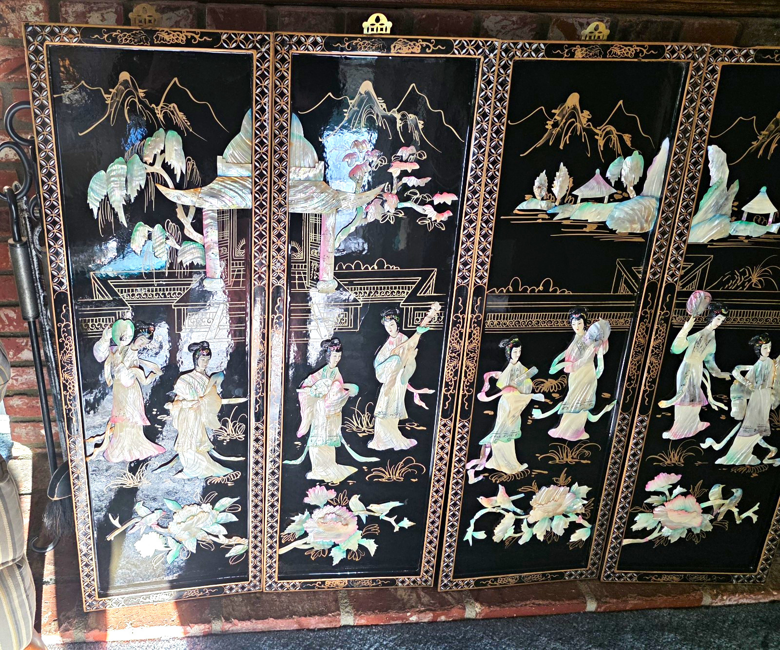 Japanese Black Lacquer MOP HP gold Inlaid Geishas Wall Panels Set of 4 C. 20th C Japanese Black Lacquer MOP HP gold Inlaid Geishas Wall Panels Set of 4 C. 20th C