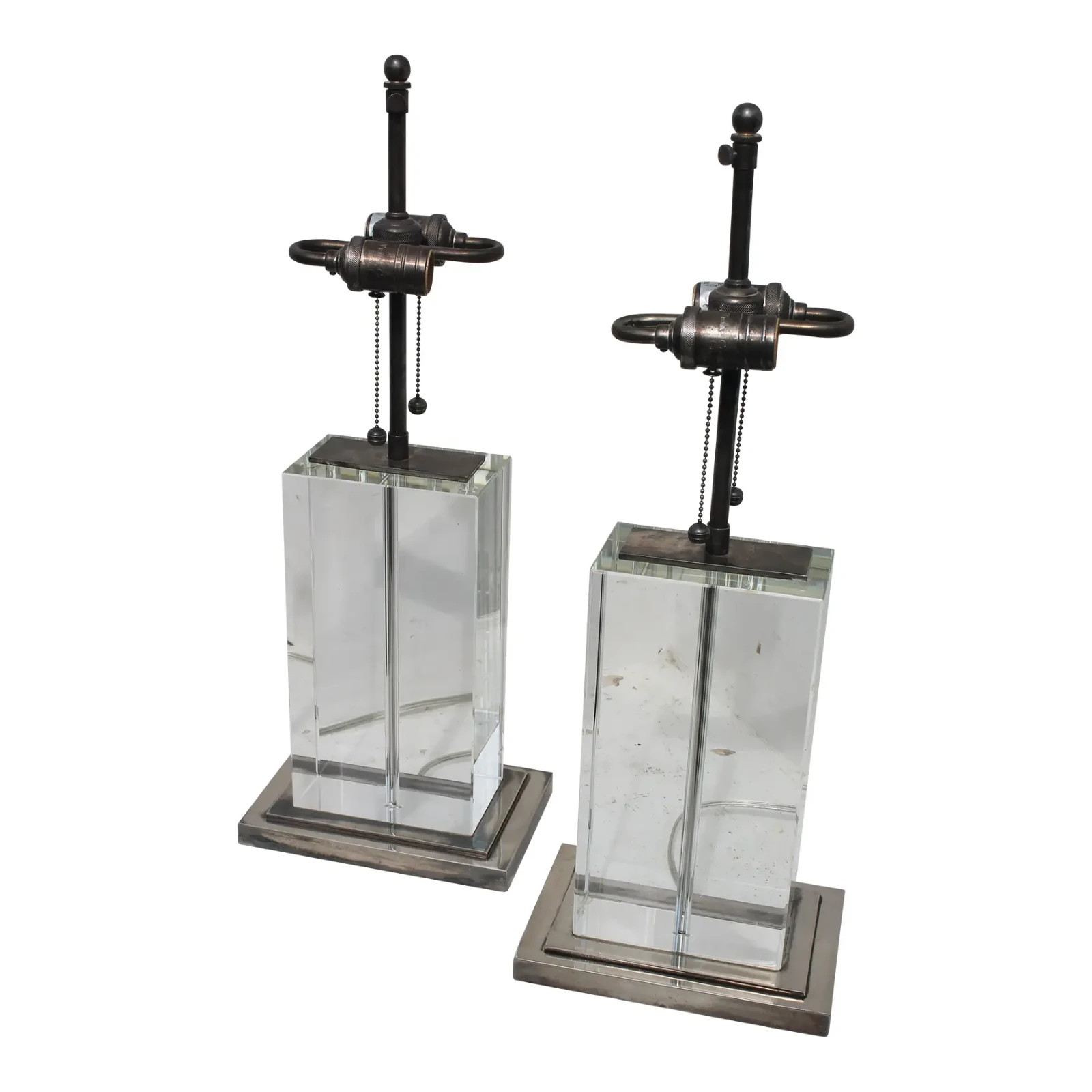 Pair 1960's Italian Modern Solid Glass Block Silver Detailed Heavy Table Lamps Pair 1960's Italian Modern Solid Glass Block Silver Detailed Heavy Table Lamps