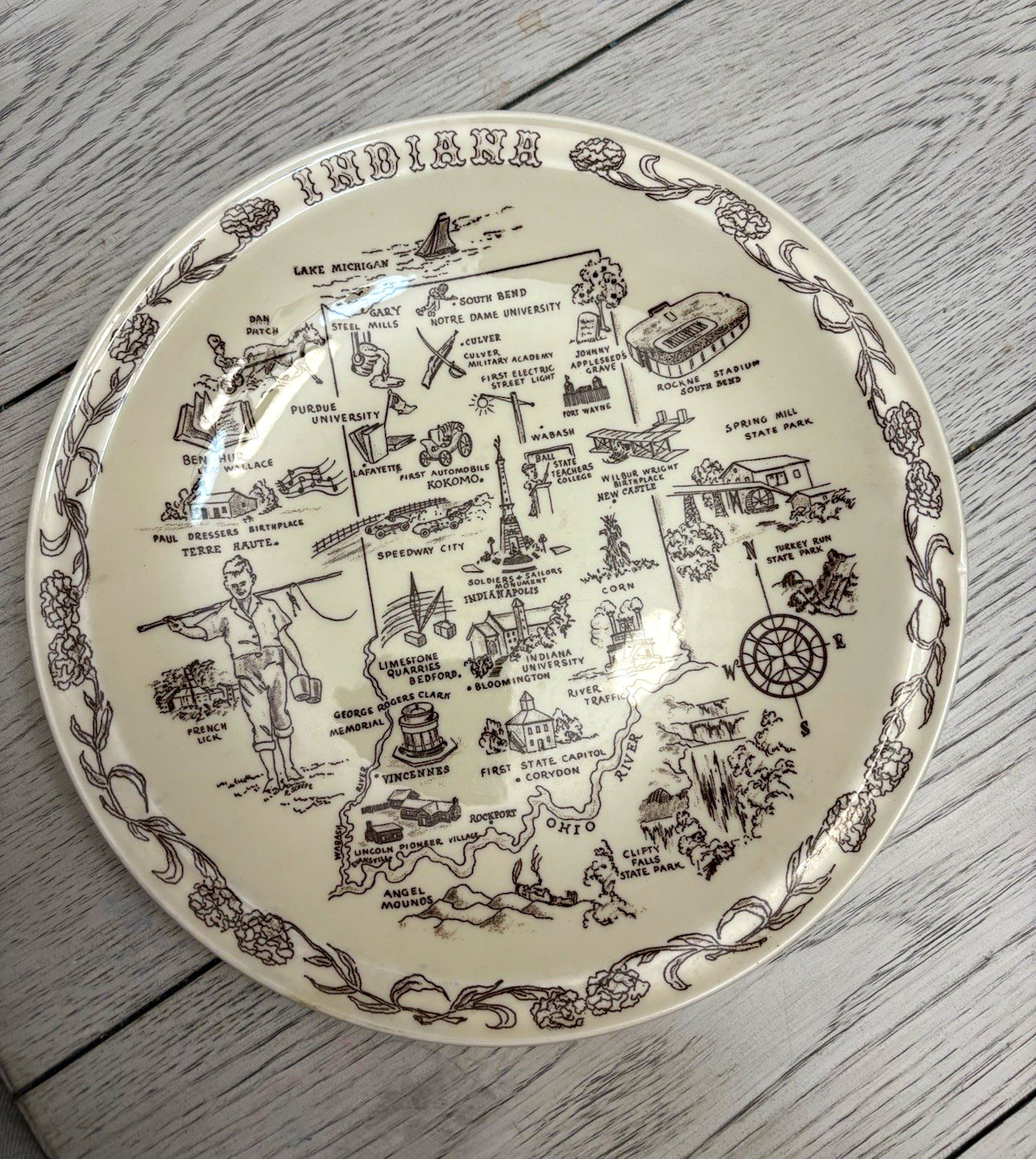 Vintage Vernon Kilns Indiana Souvenir Plate National China Marion IN Hoosier Map Vintage Vernon Kilns Indiana Souvenir Plate National China Marion IN Hoosier Map
