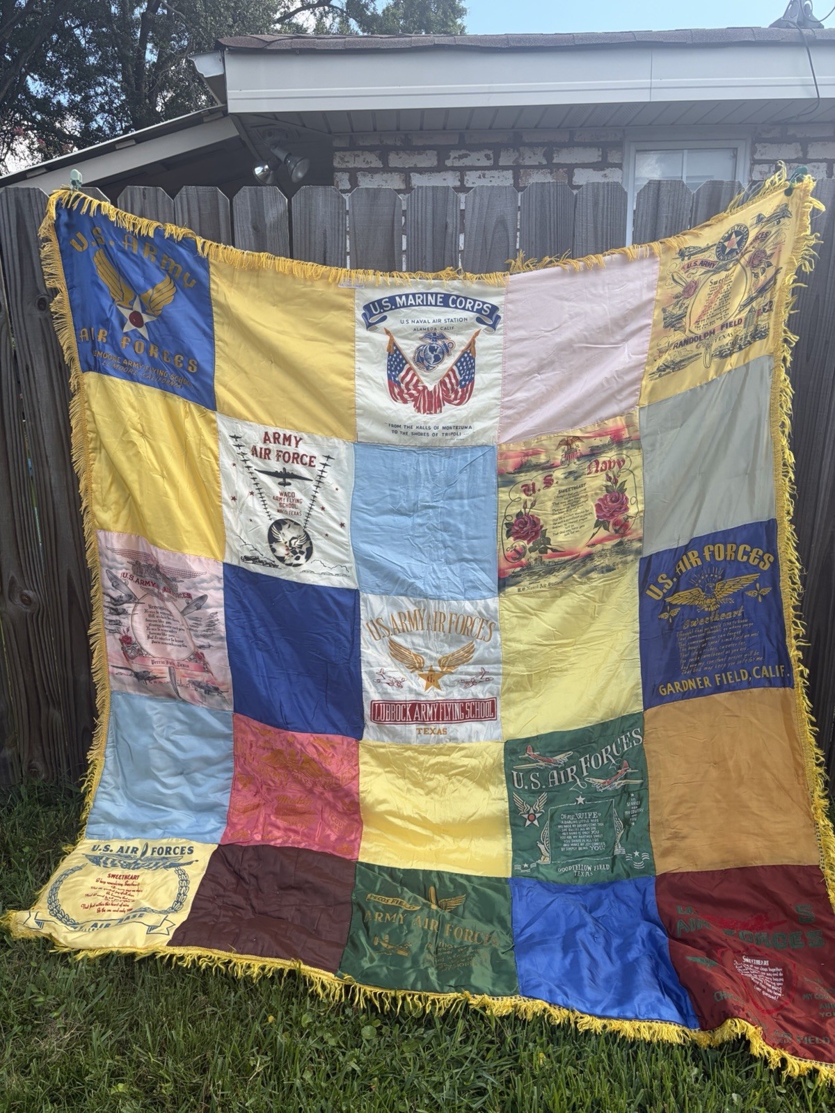 RARE silk WWII Pillow Case Quilt Blanket 83”x80” Fringe Border RARE silk WWII Pillow Case Quilt Blanket 83”x80” Fringe Border