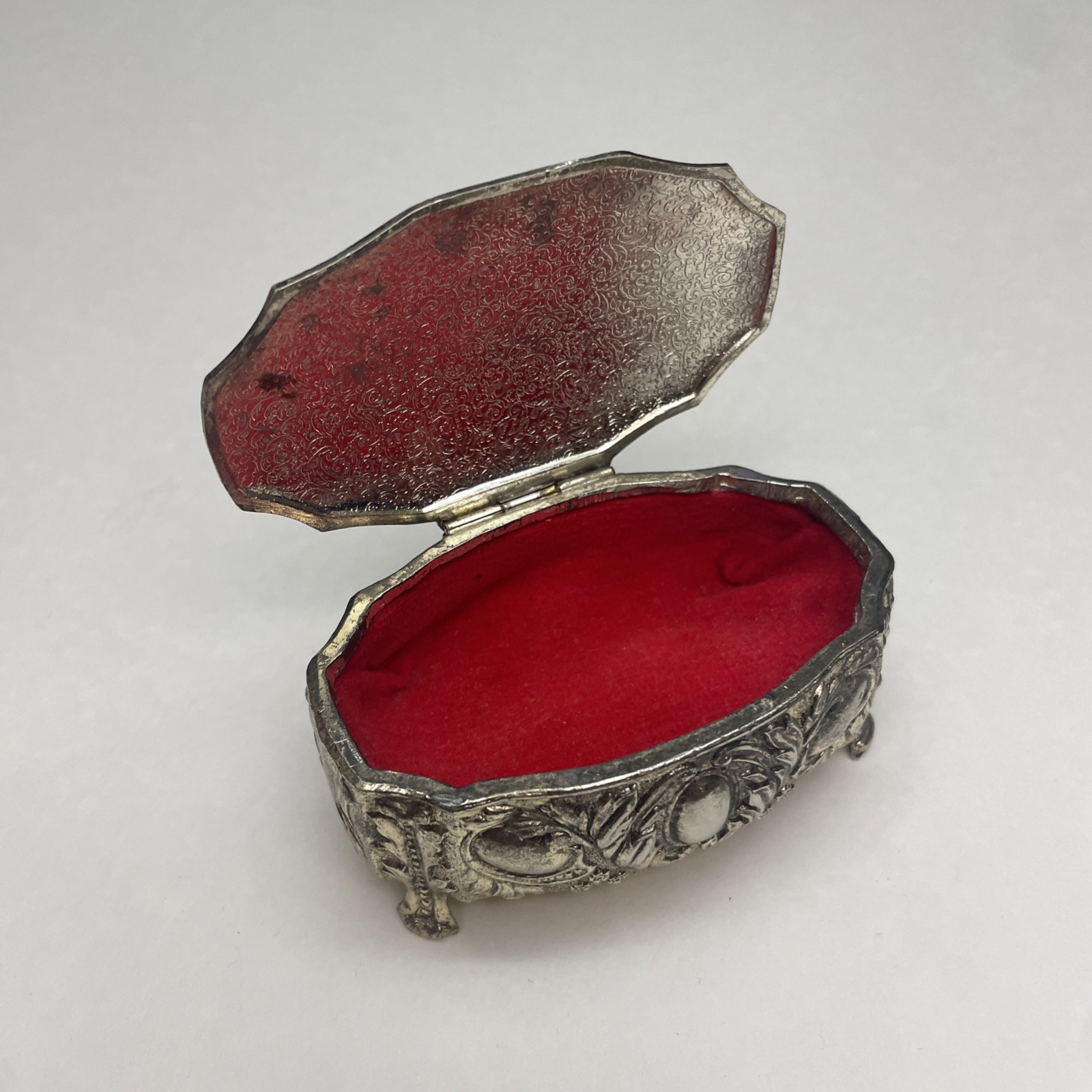 Vtg Silver Embossed Jewelry Casket trinket Box Victorian Serenade Red Velvet
