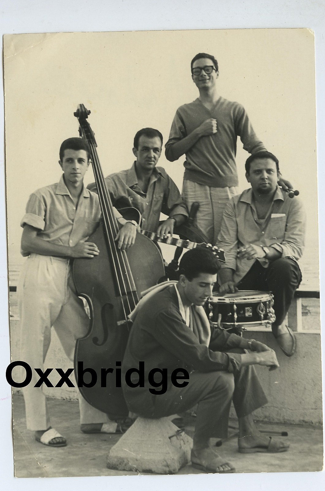 VINTAGE JAZZ BAND PHOTO Early Funk Signed 1960  Bass Drums Guitar Cool Beatnik