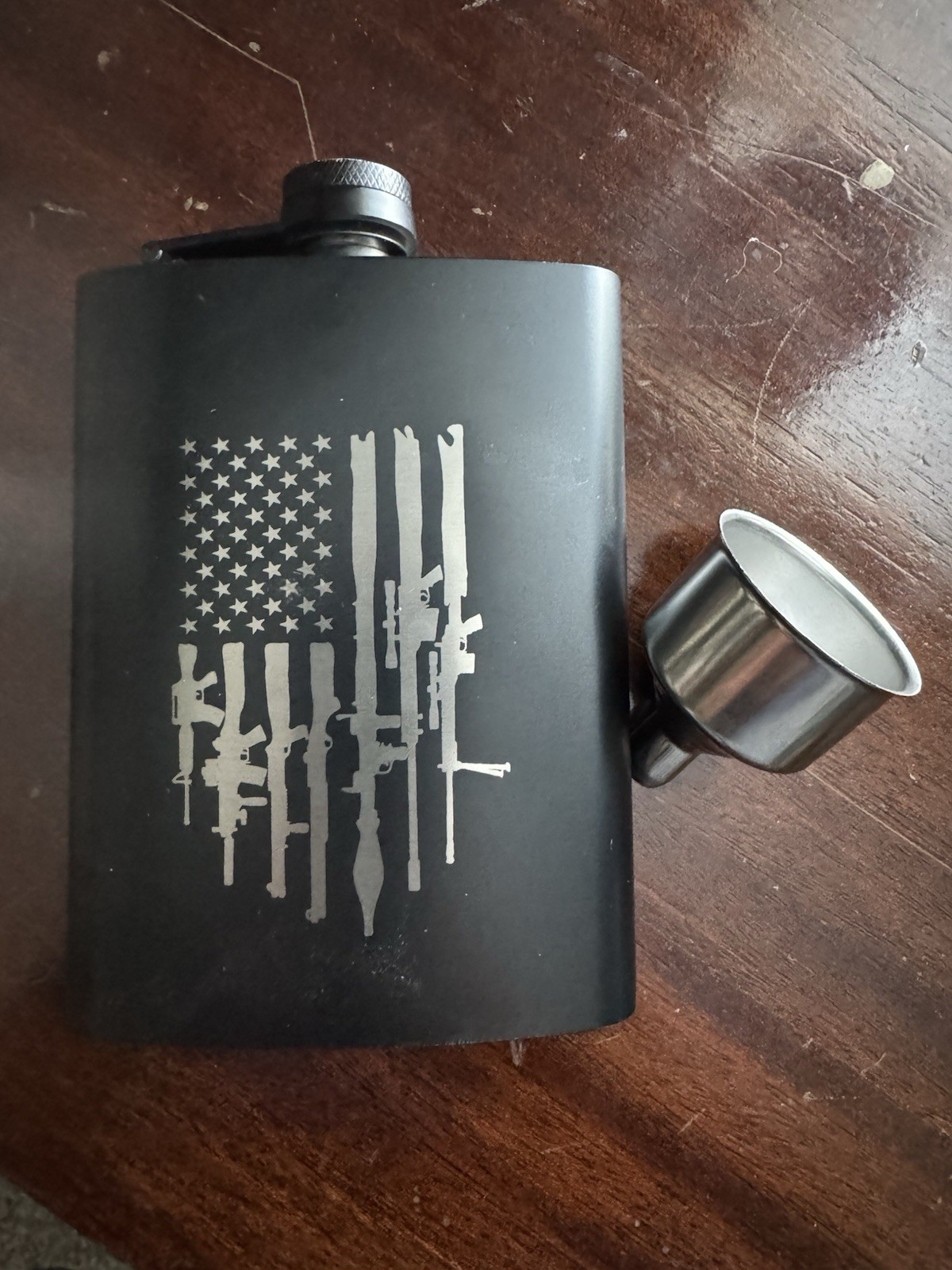 Matte Black 8 oz. Stainless Steel Hip Pocket Flask - US Flag Rifle Design Matte Black 8 oz. Stainless Steel Hip Pocket Flask - US Flag Rifle Design